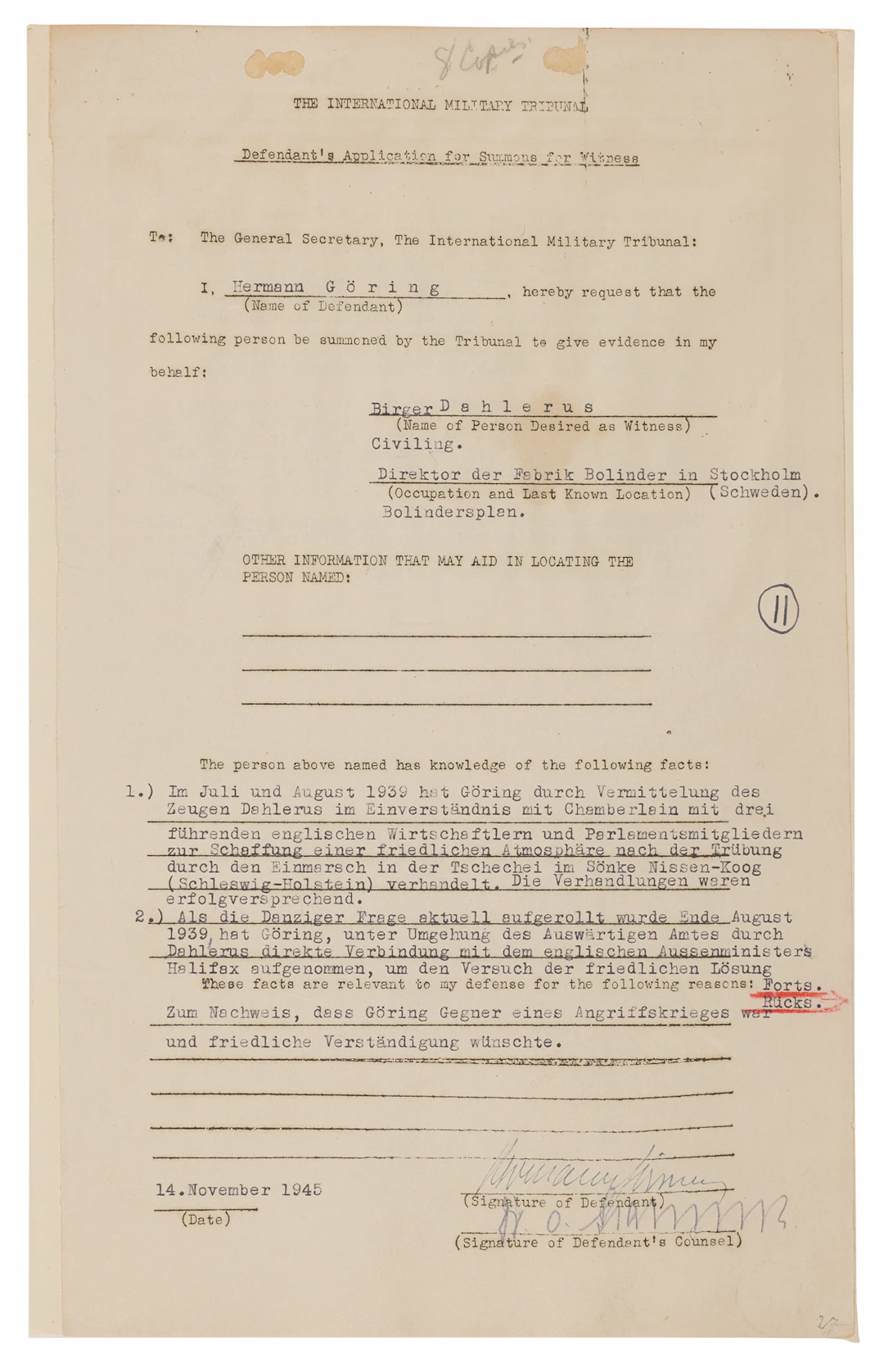 Hermann Göring Document Signed at Nuremberg - Witness Application