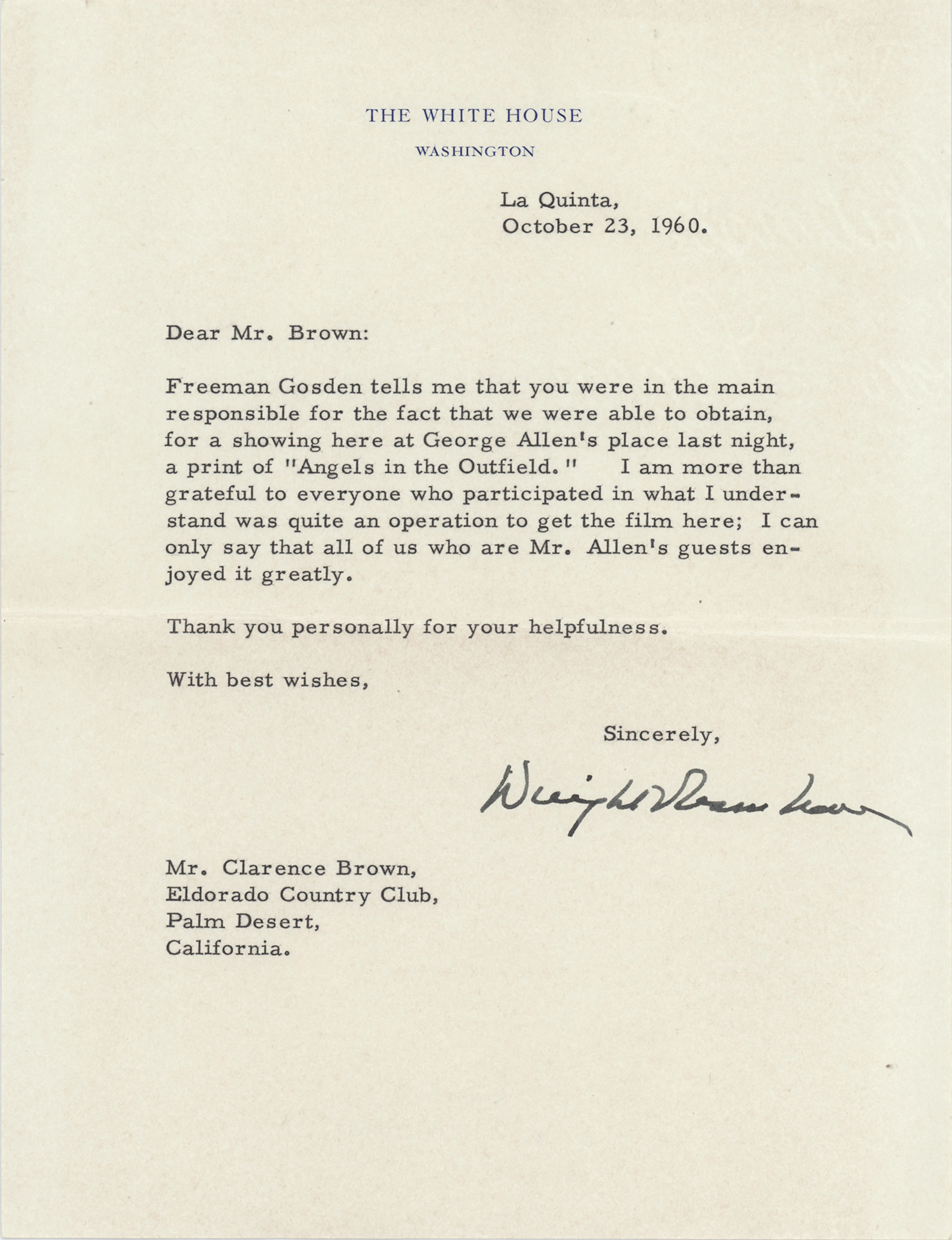 Dwight D. Eisenhower Typed Letter Signed as President to Director