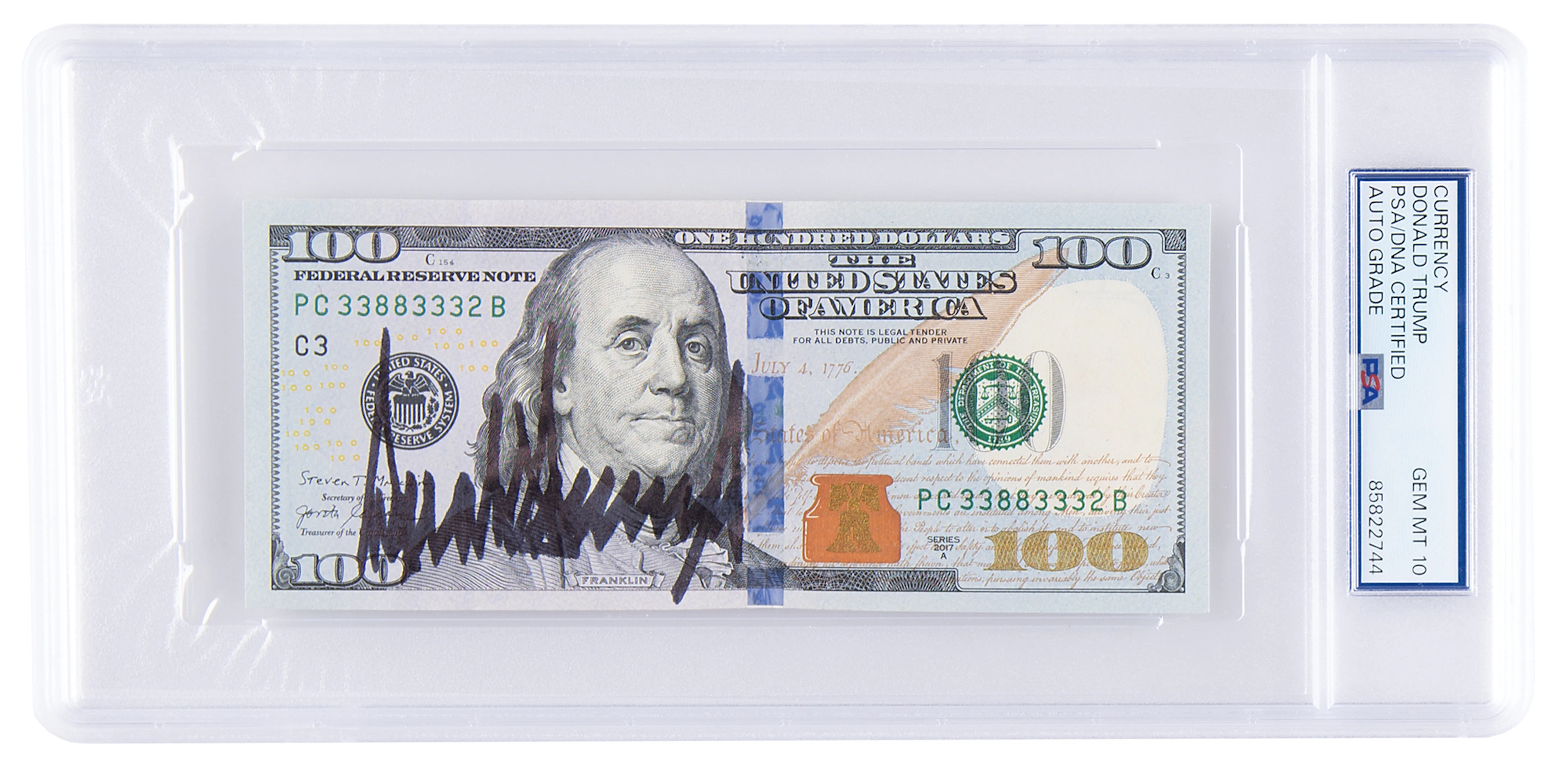 Donald Trump Signed $100 Dollar Bill - PSA GEM MINT 10