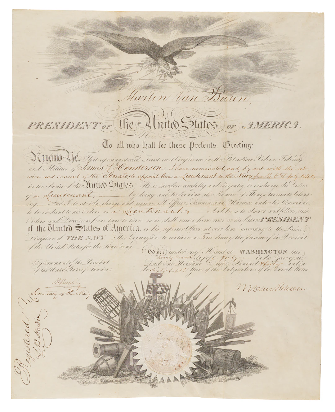 Martin Van Buren Document Signed as President, Appointing a Navy Lieutenant