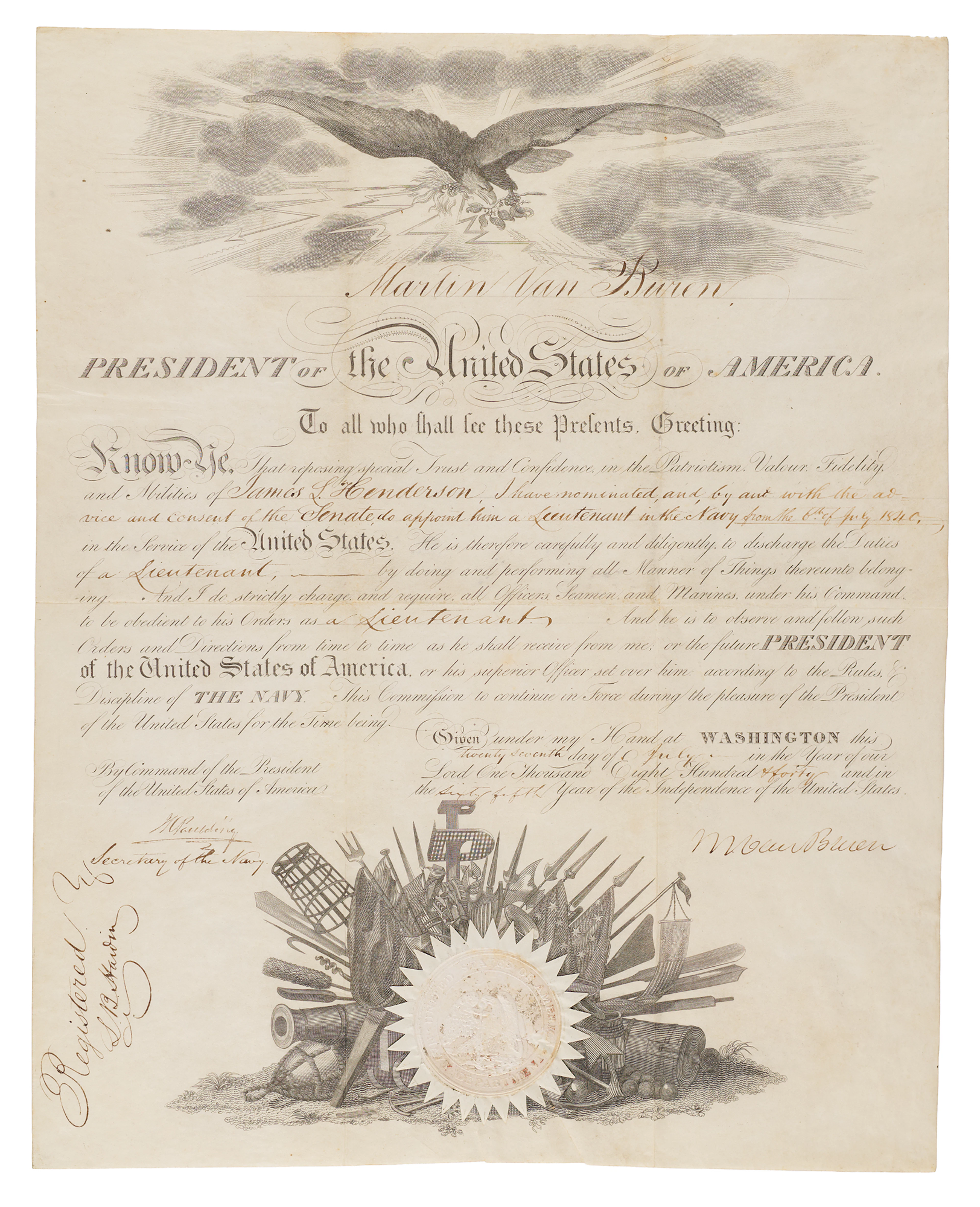 Martin Van Buren Document Signed as President, Appointing a Navy Lieutenant