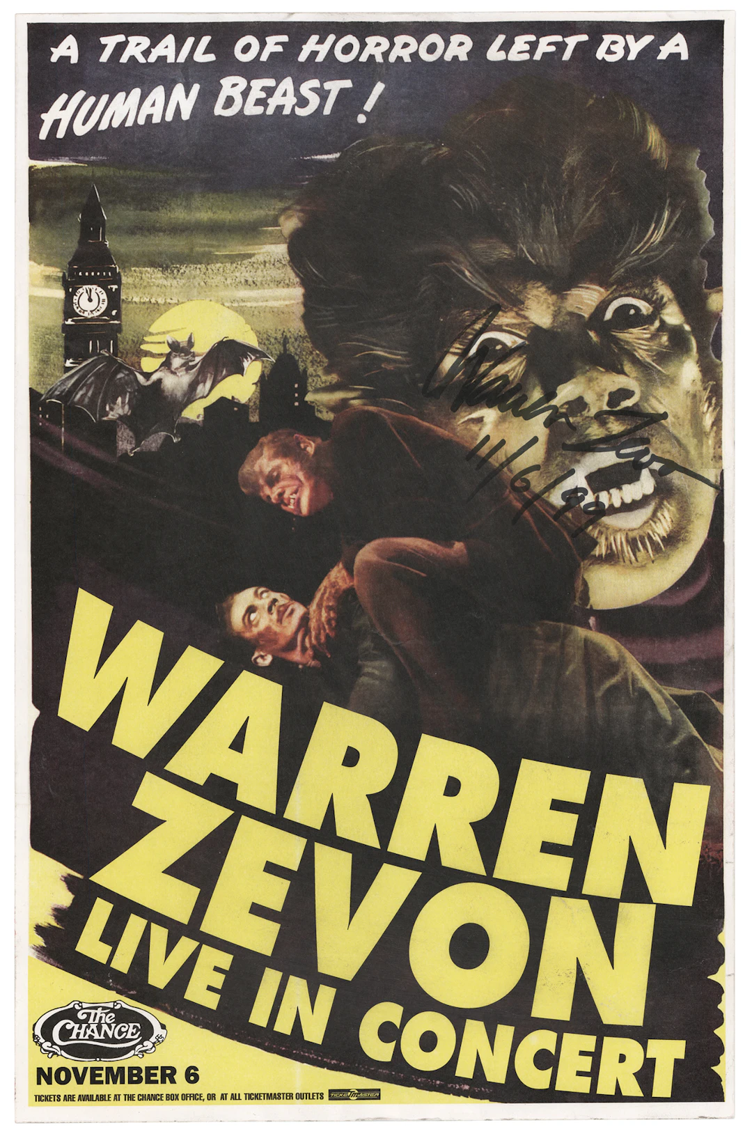 Warren Zevon Signed 1999 Mini Concert Poster - 11˝ x 17˝