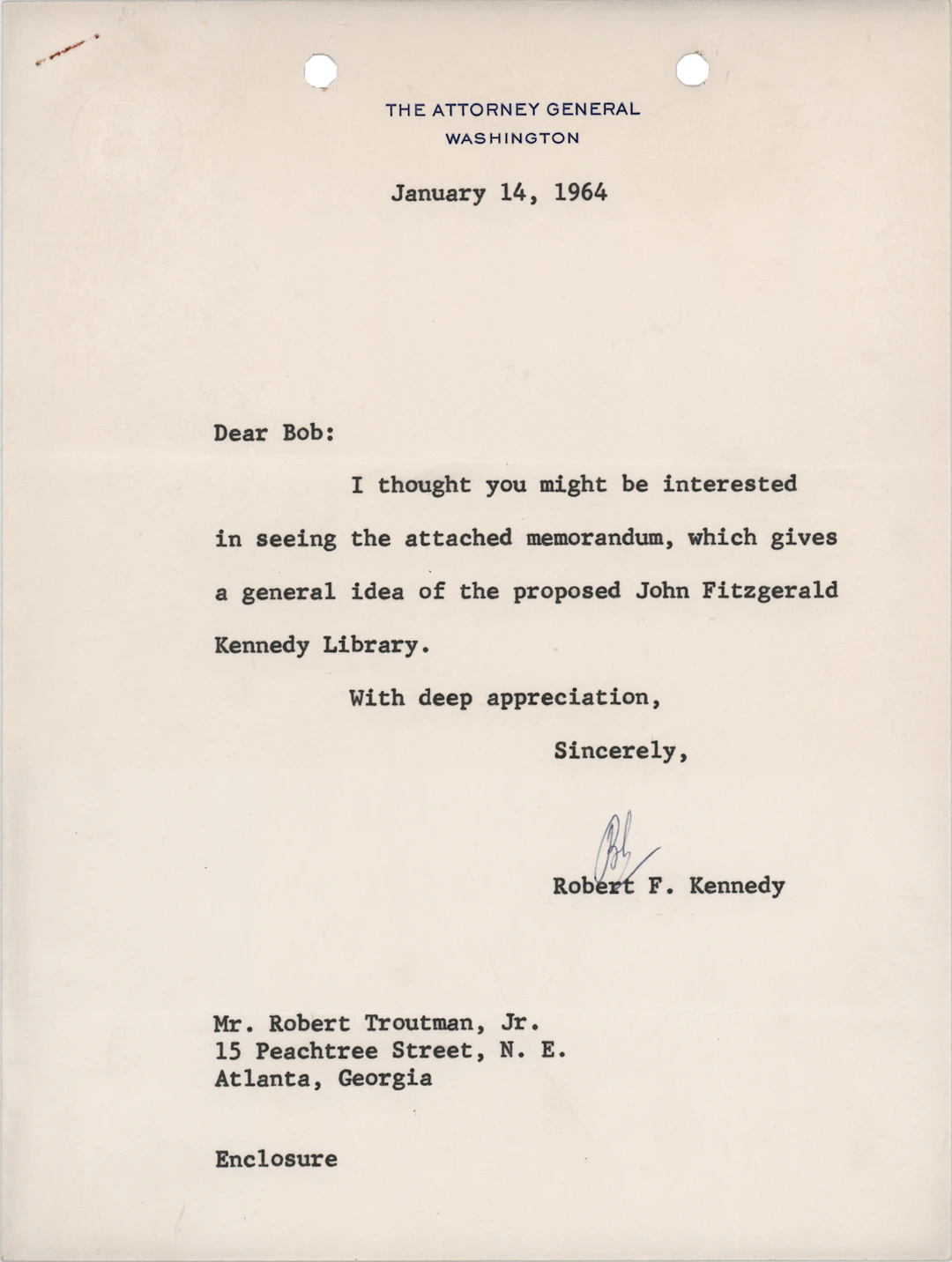 Robert F. Kennedy Typed Letter Signed and Draft Memorandum for the