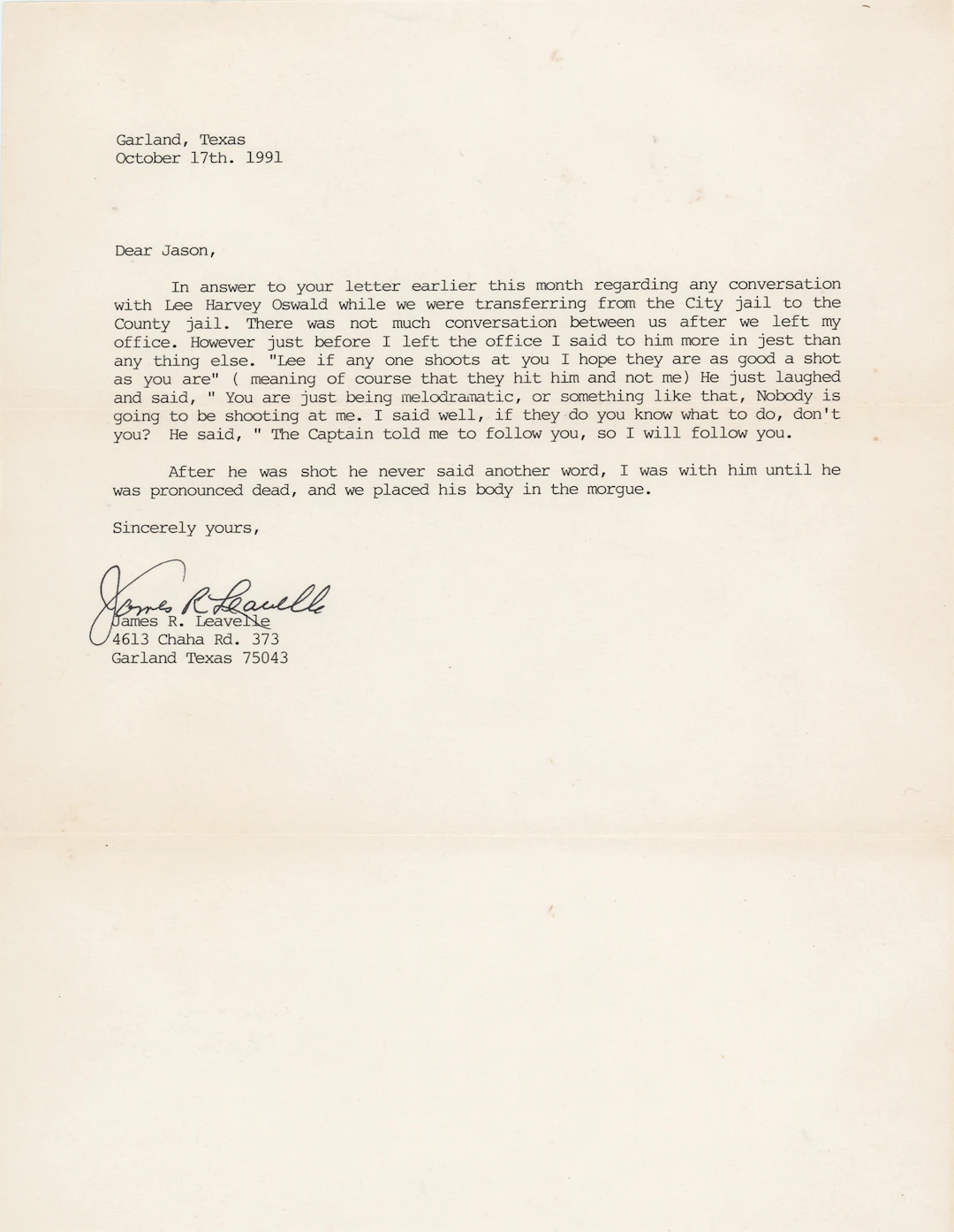 Kennedy Assassination: James Leavelle Typed Letter Signed on Lee Harvey