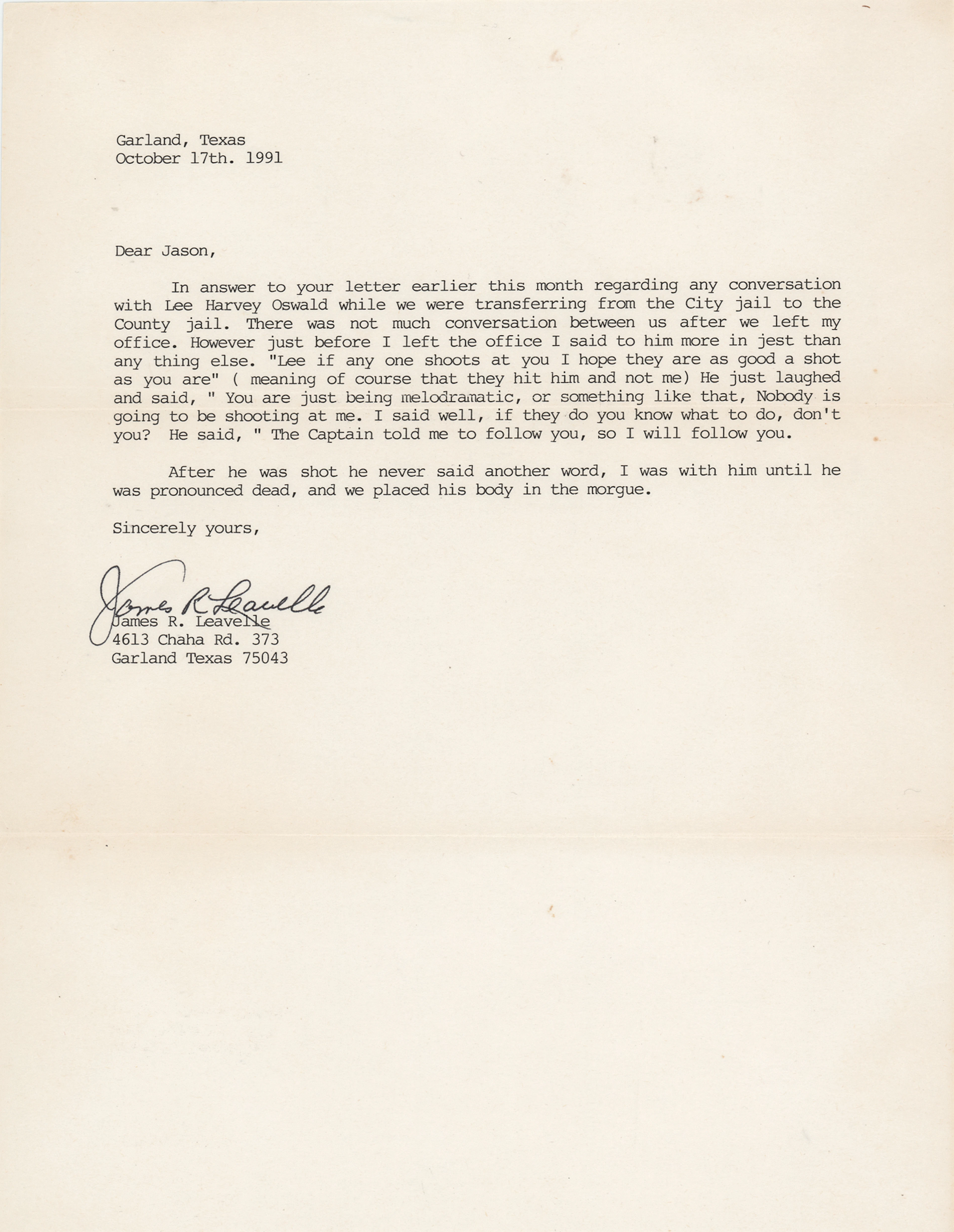 Kennedy Assassination: James Leavelle Typed Letter Signed on Lee Harvey