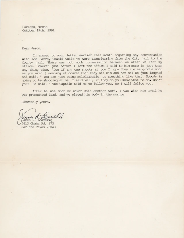 Kennedy Assassination: James Leavelle Typed Letter Signed on Lee Harvey