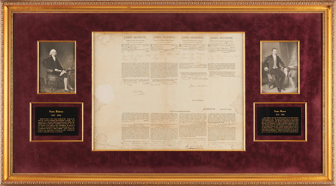 James Madison and James Monroe Document Signed Ship's Pass as President