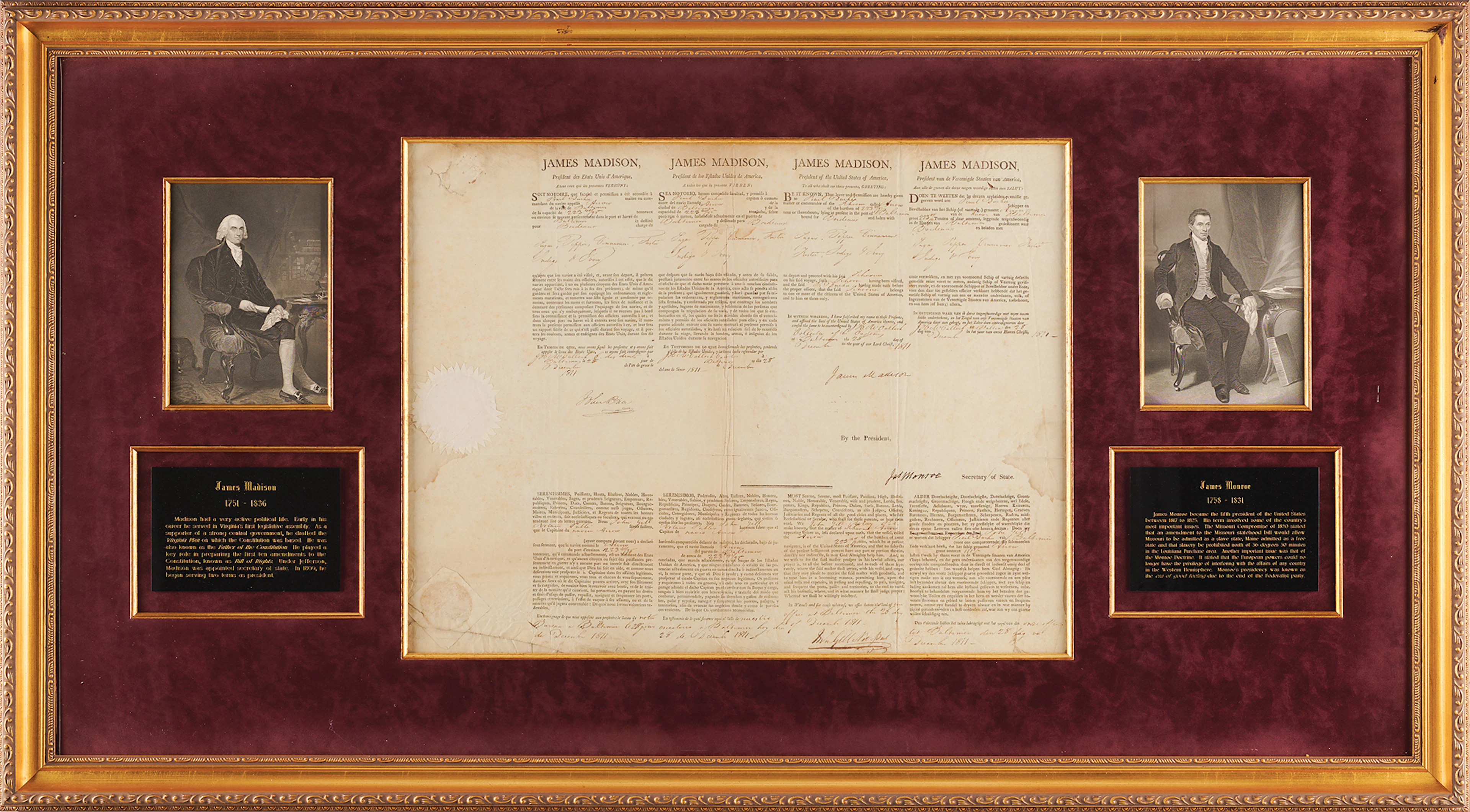 James Madison and James Monroe Document Signed Ship's Pass as President