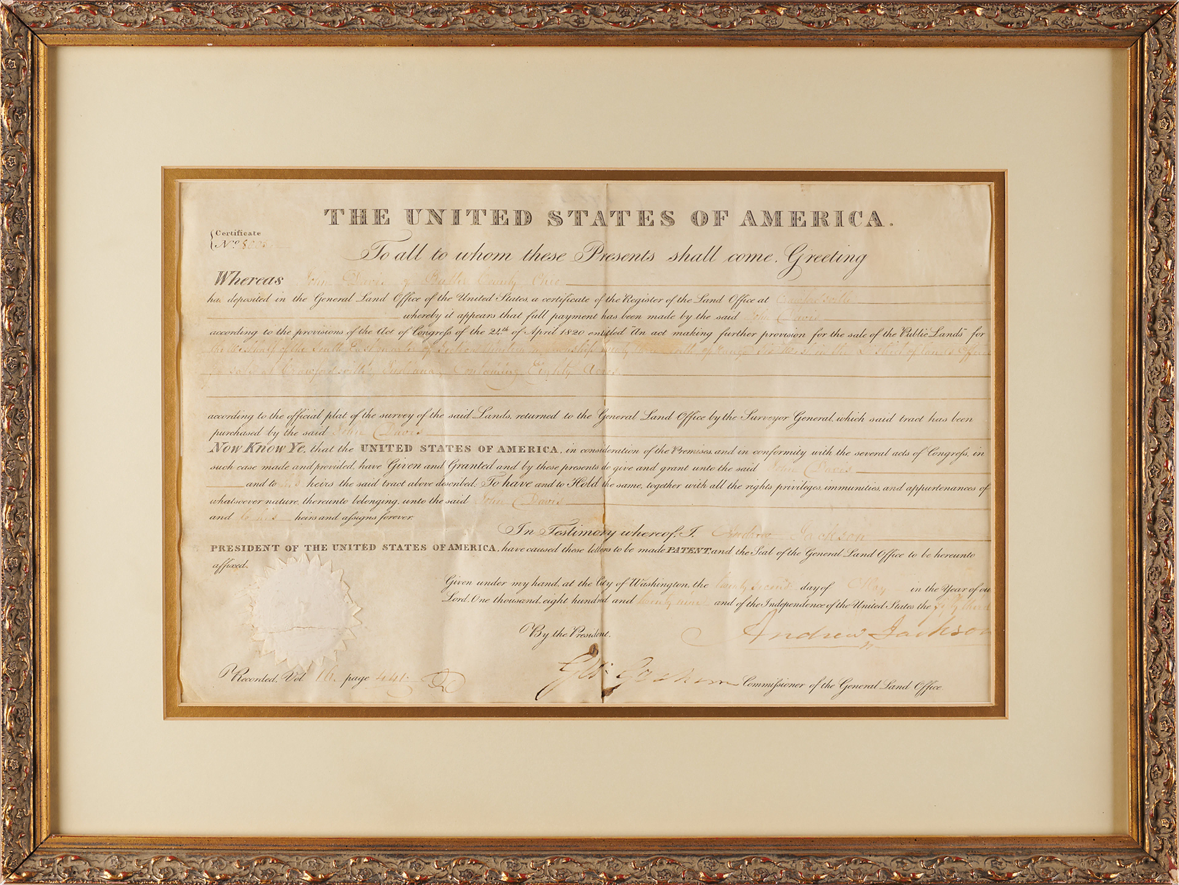 Andrew Jackson Land Document Signed as President