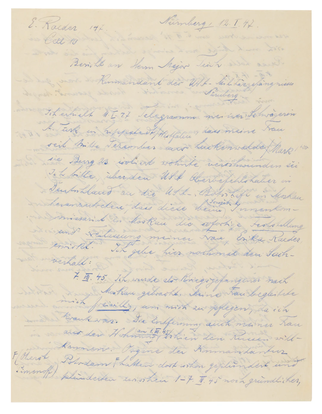 Erich Raeder Autograph Letter Signed from Nuremberg on His Wife’s