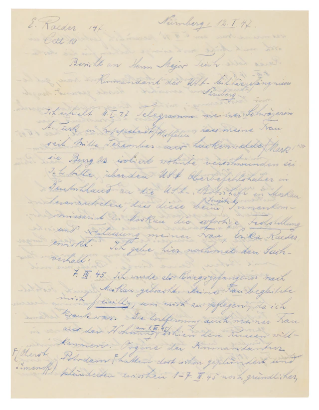 Erich Raeder Autograph Letter Signed from Nuremberg on His Wife’s