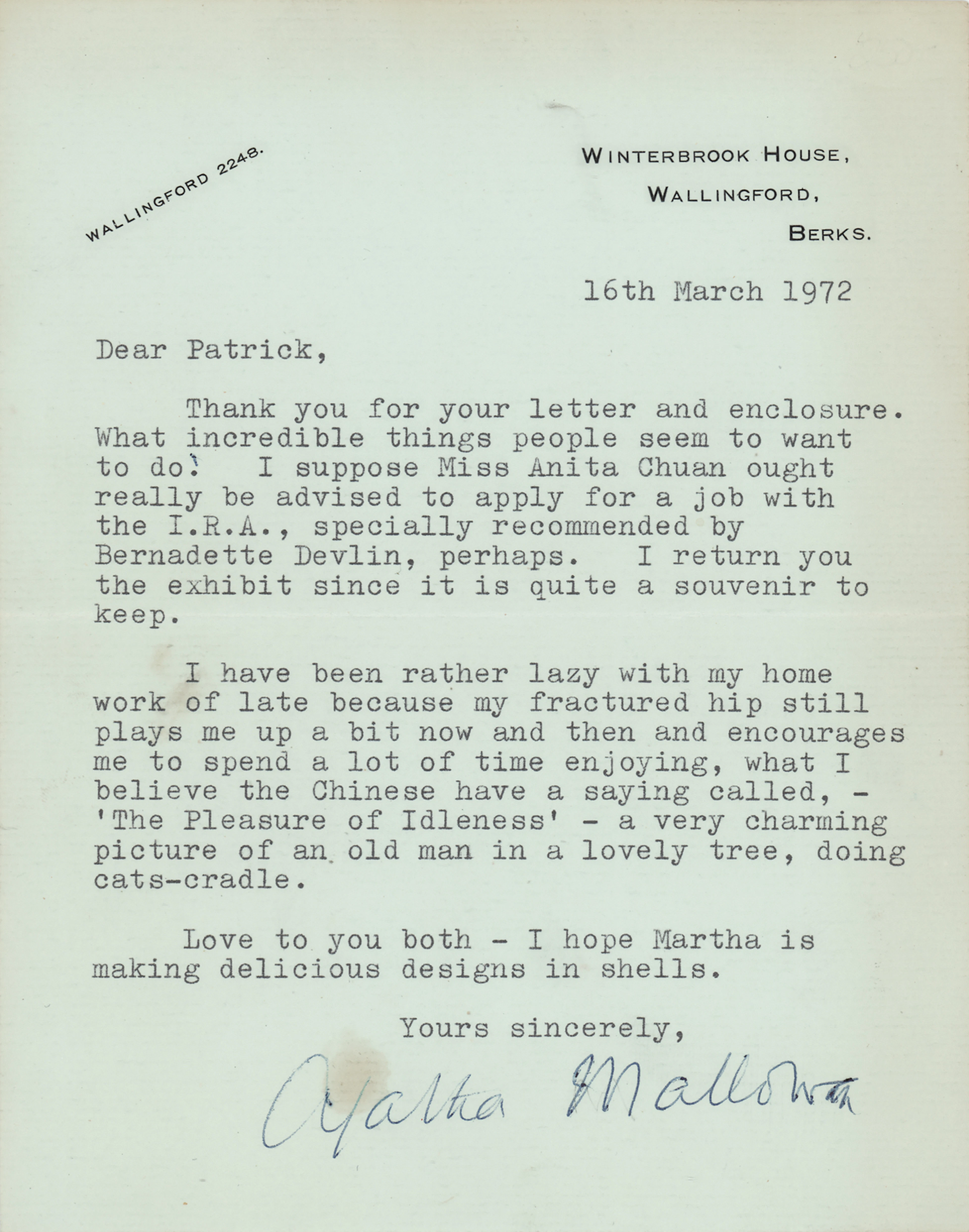 Agatha Christie Typed Letter Signed on "The Pleasure of Idleness"
