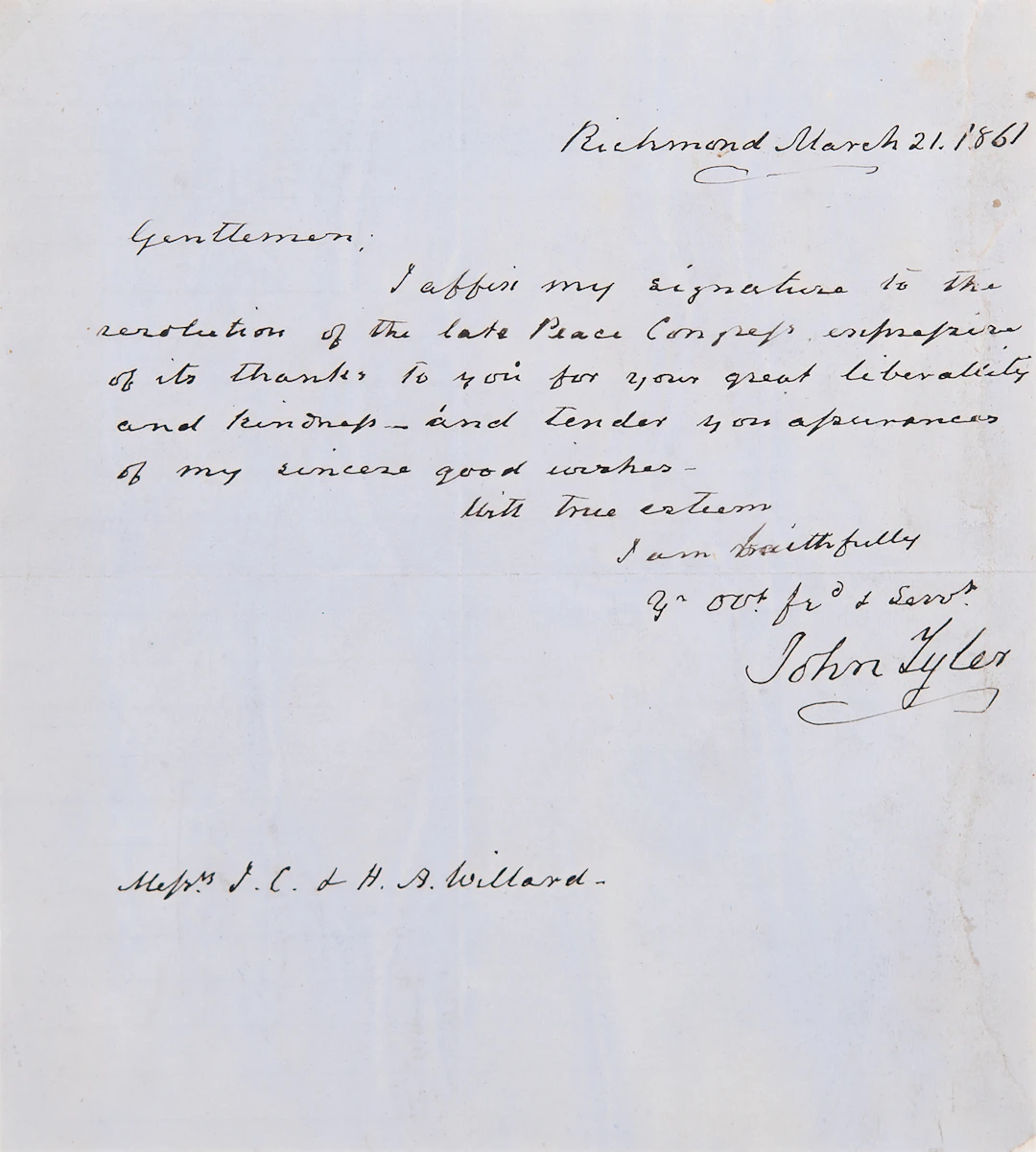 John Tyler Autograph Letter Signed on the 1861 Peace Conference -