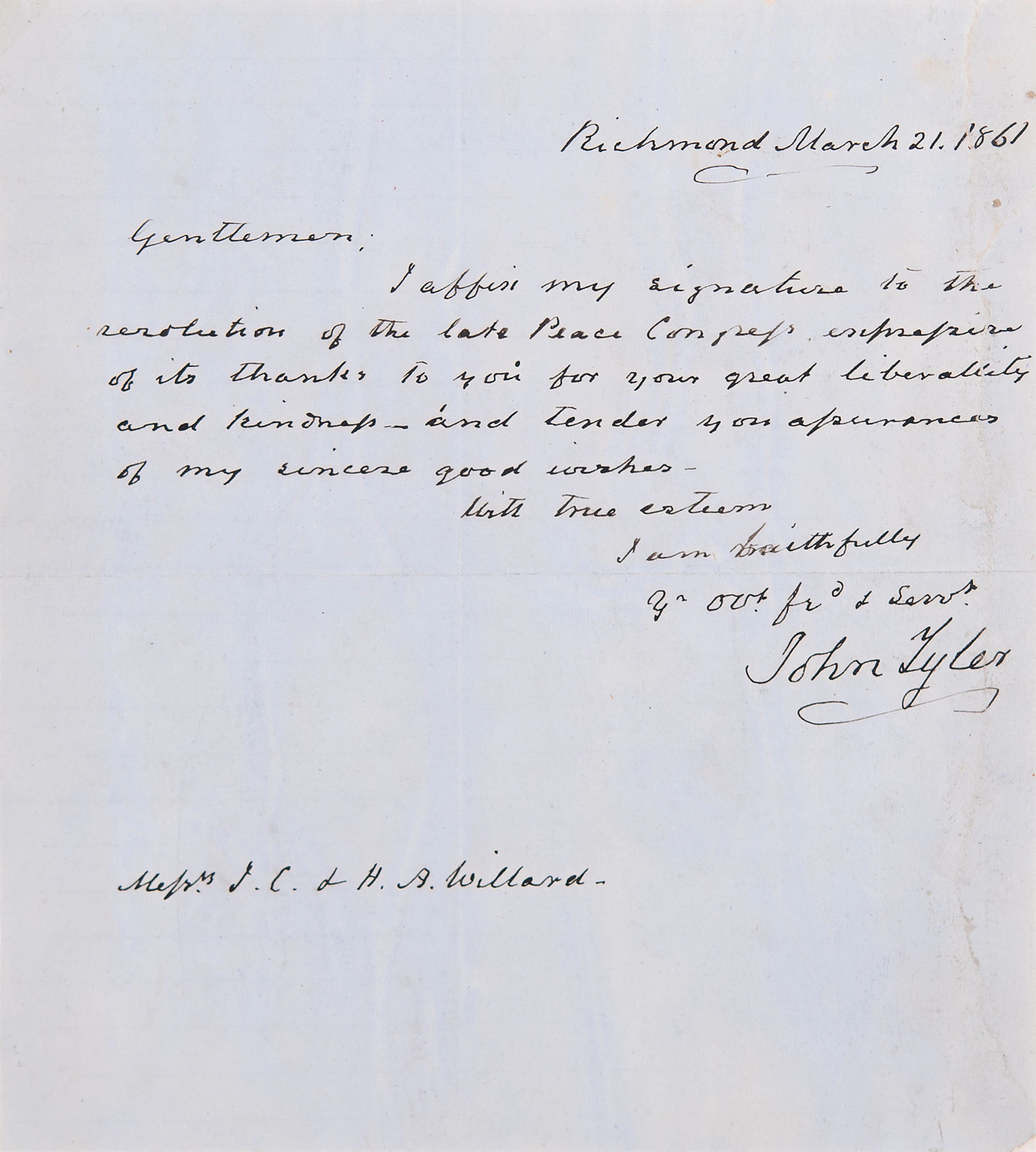 John Tyler Autograph Letter Signed on the 1861 Peace Conference -