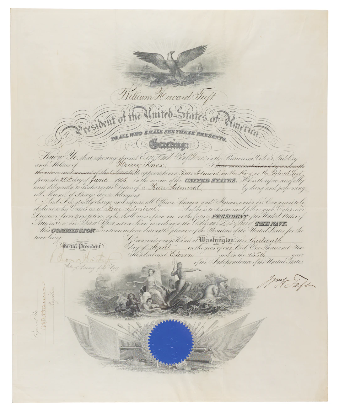 William H. Taft Document Signed as President, Appointing a Rear Admiral