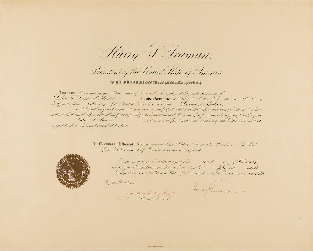 Harry S. Truman Document Signed as President, Appointing a US Attorney