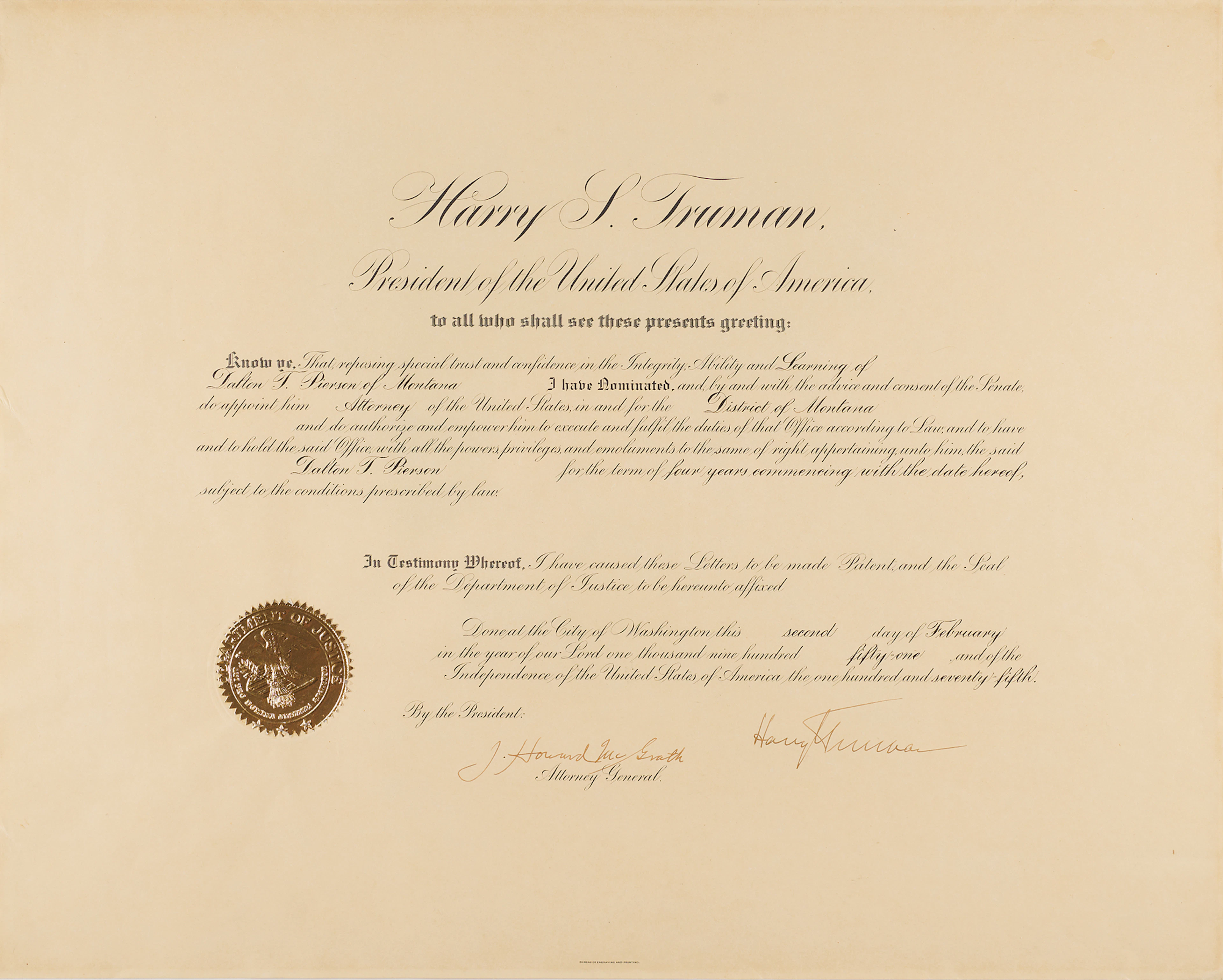 Harry S. Truman Document Signed as President, Appointing a US Attorney