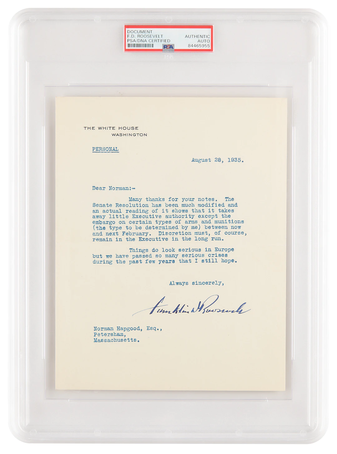 Franklin D. Roosevelt Typed Letter Signed as President, Three Days