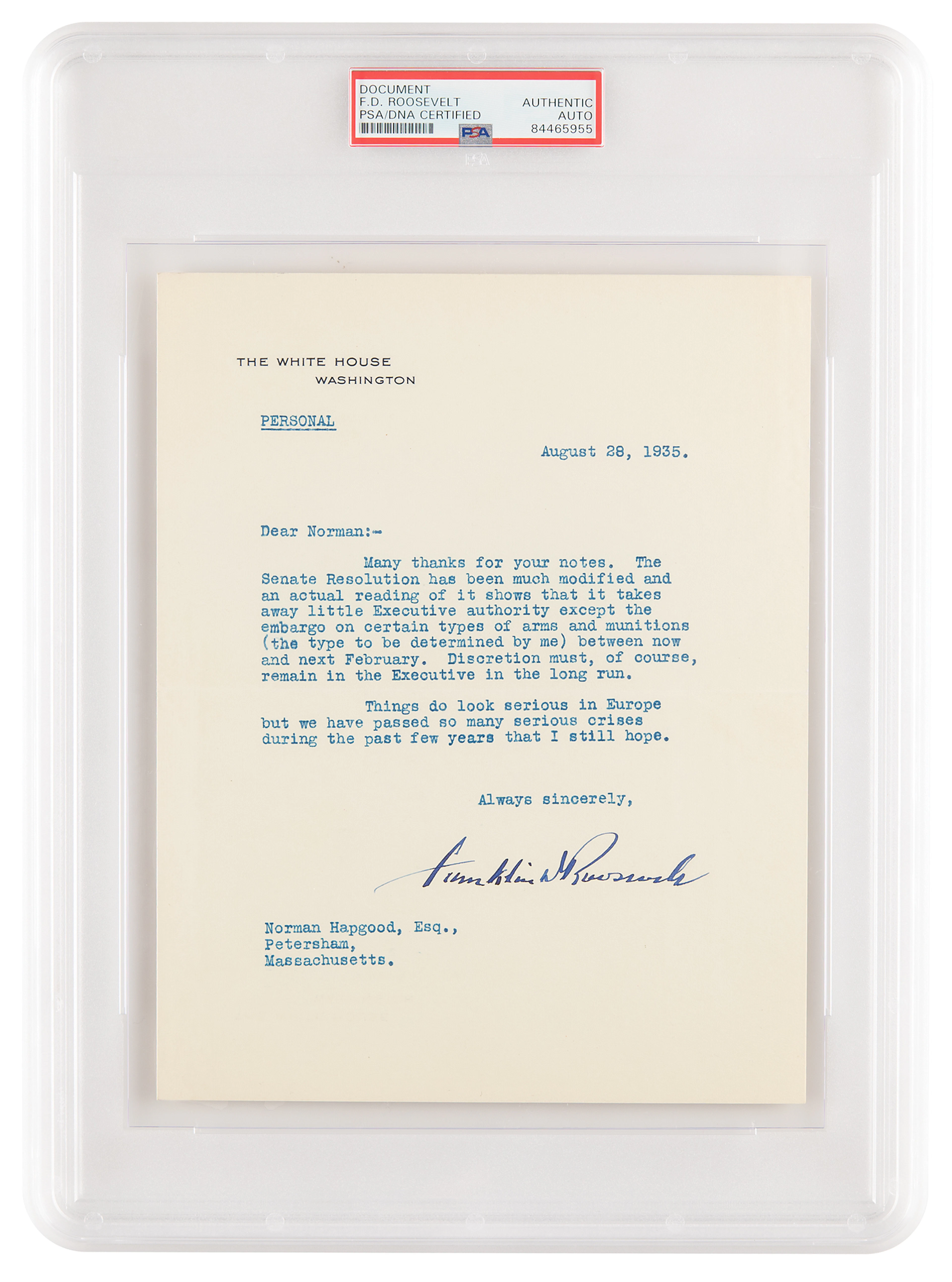 Franklin D. Roosevelt Typed Letter Signed as President, Three Days