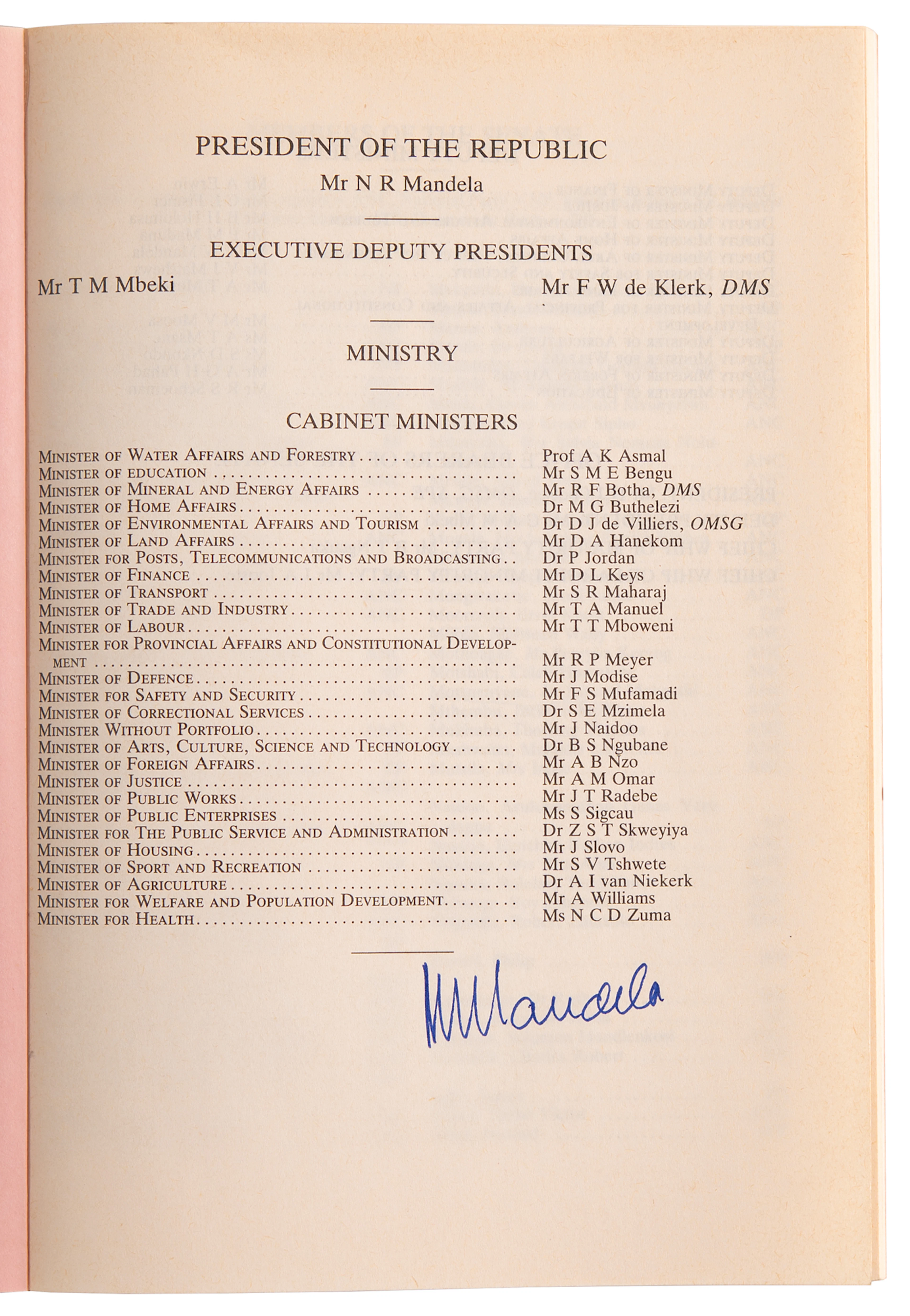 Nelson Mandela Signed 1994 'Debates of the Senate' Booklet