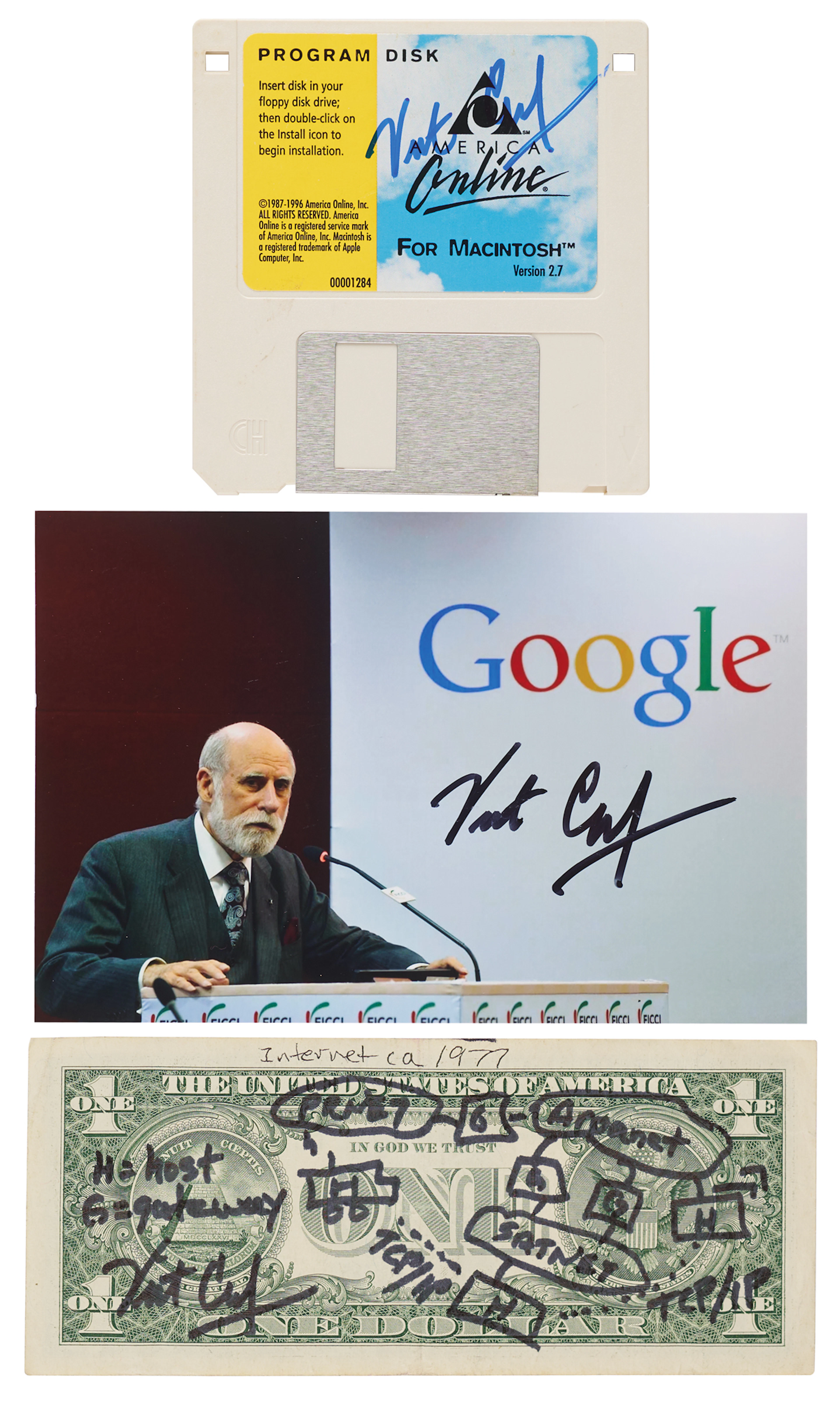 Vint Cerf (3) Signed Items - Sketch, Photograph, and Computer Disk