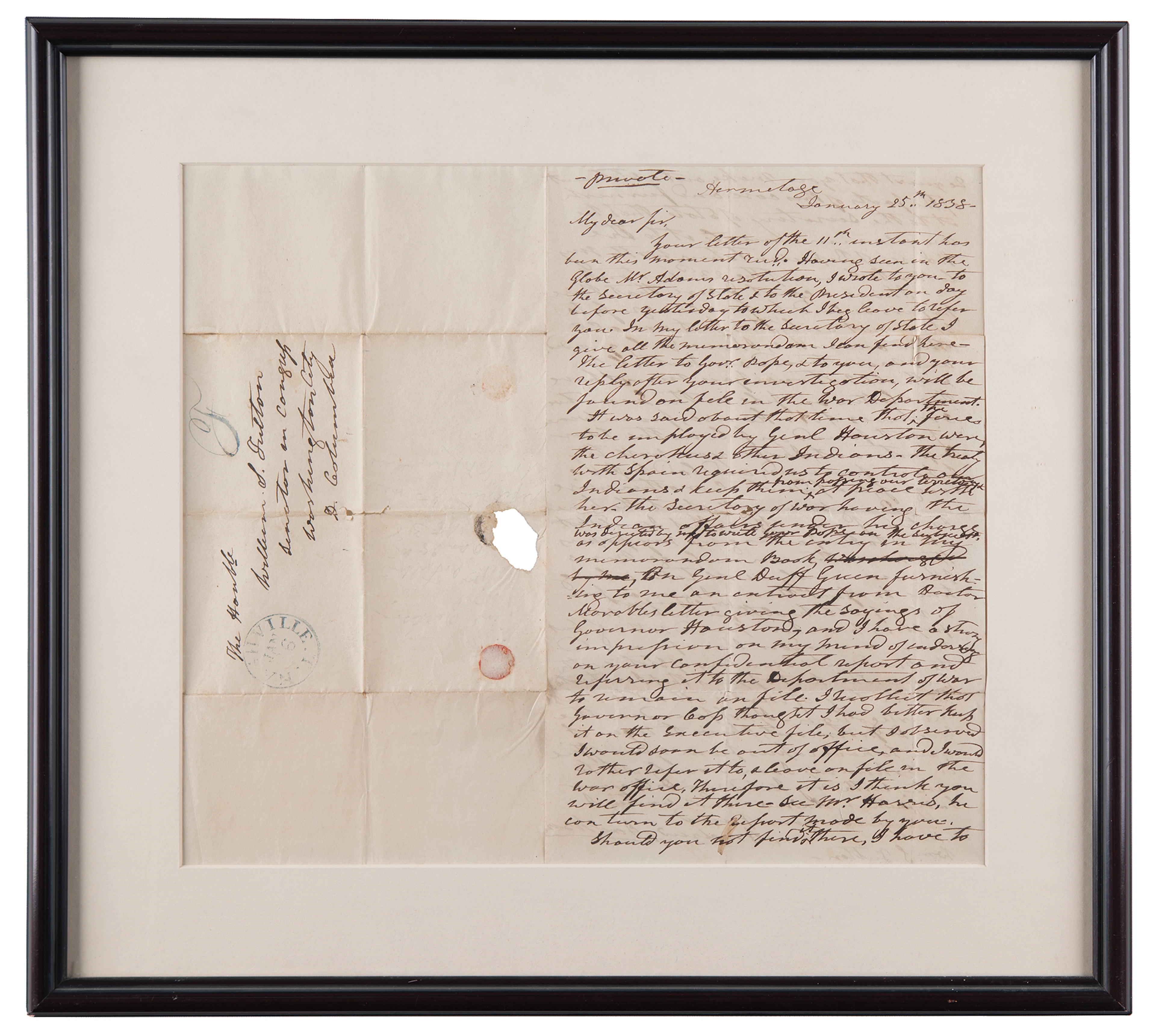 Andrew Jackson Autograph Letter Signed, Mentioning Gen. Sam Houston