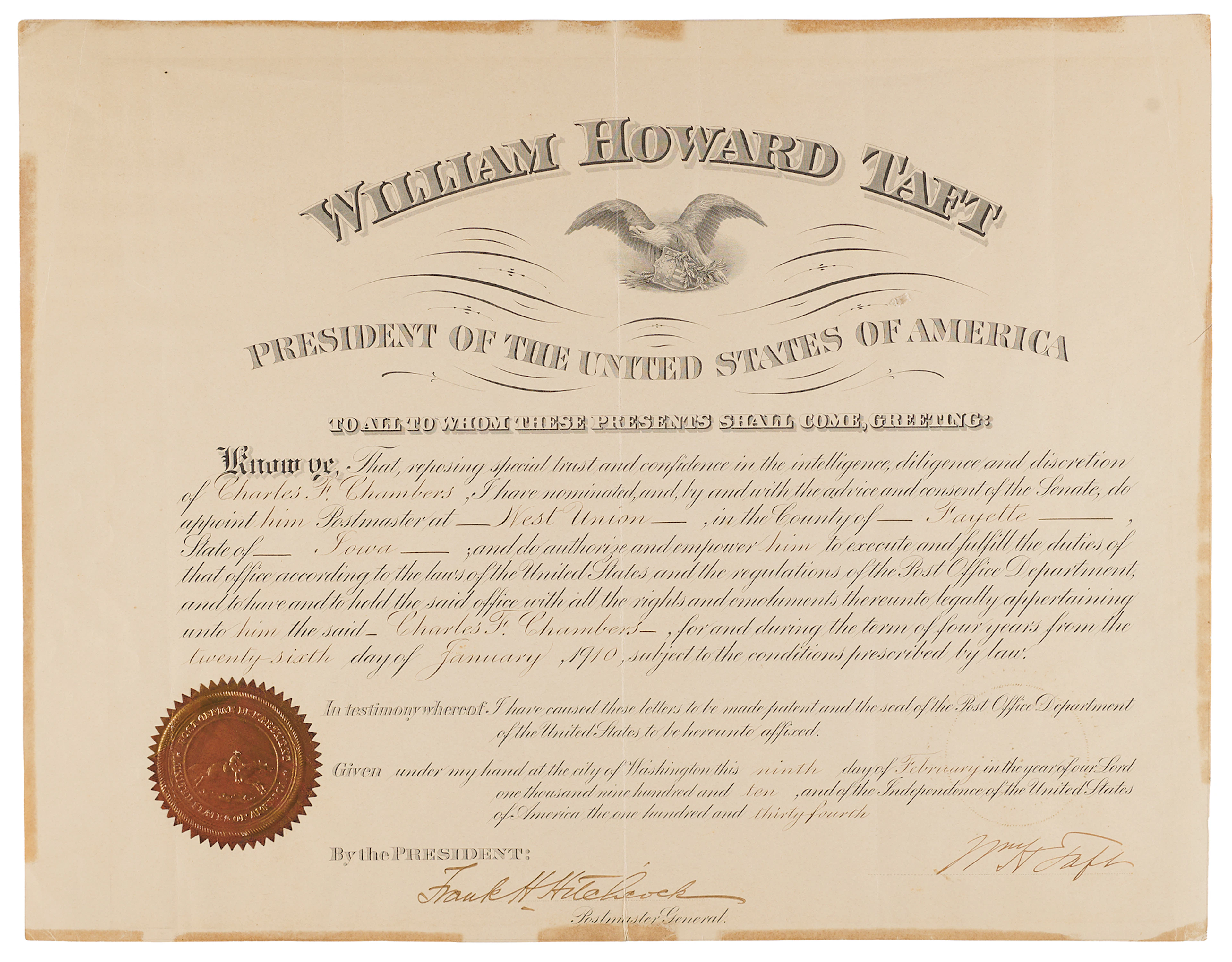 William H. Taft Document Signed as President, Appointing a Postmaster