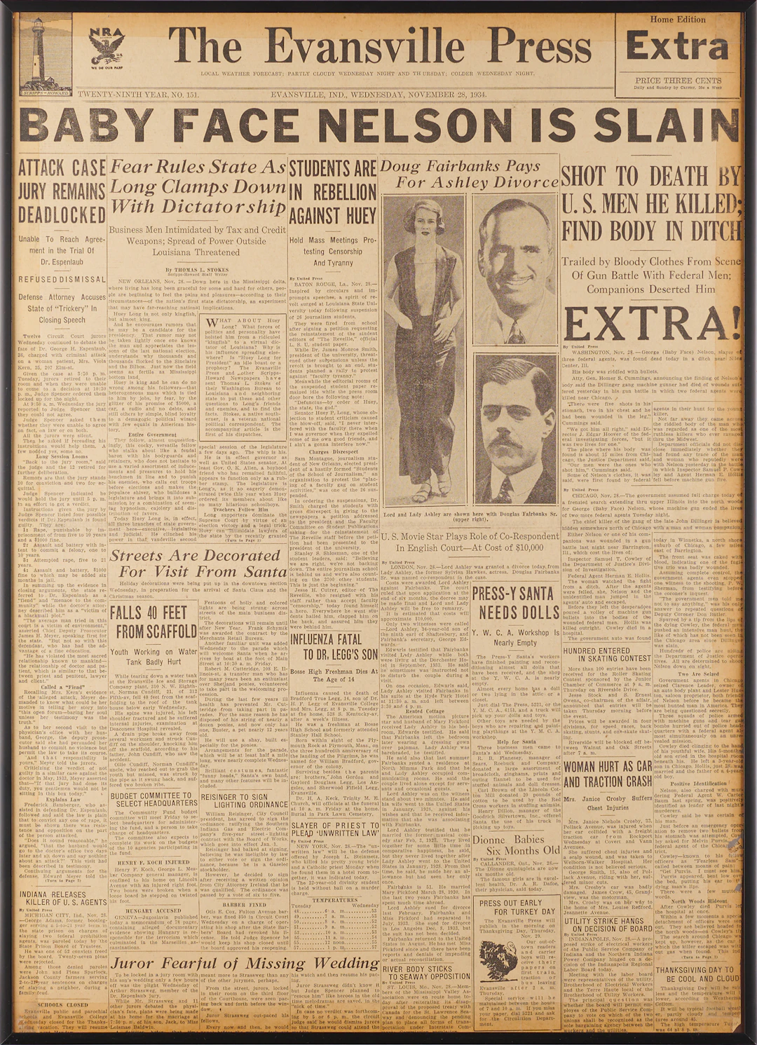 Baby Face Nelson: Front Page of the Evansville Press, November 28