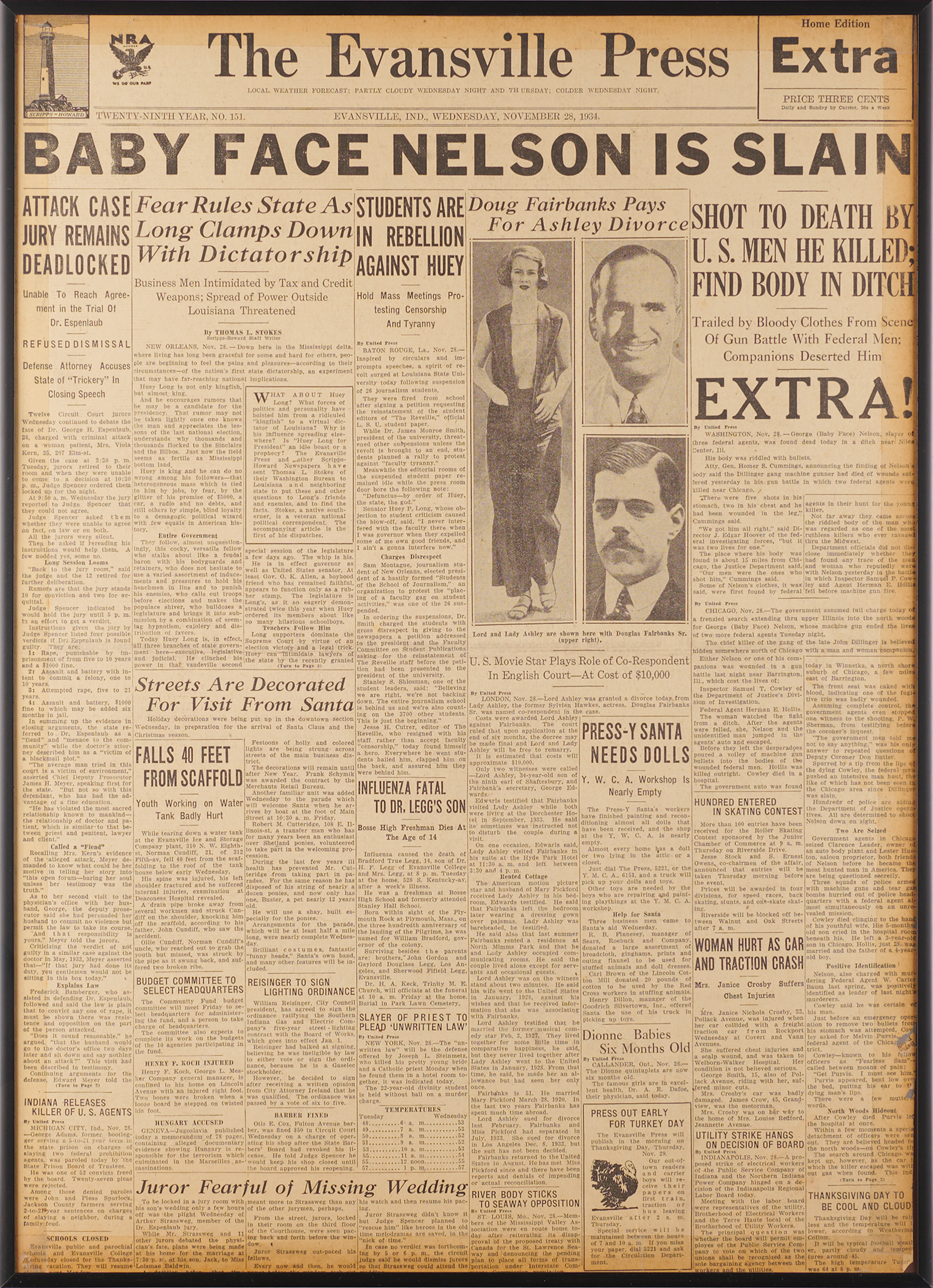 Baby Face Nelson: Front Page of the Evansville Press, November 28