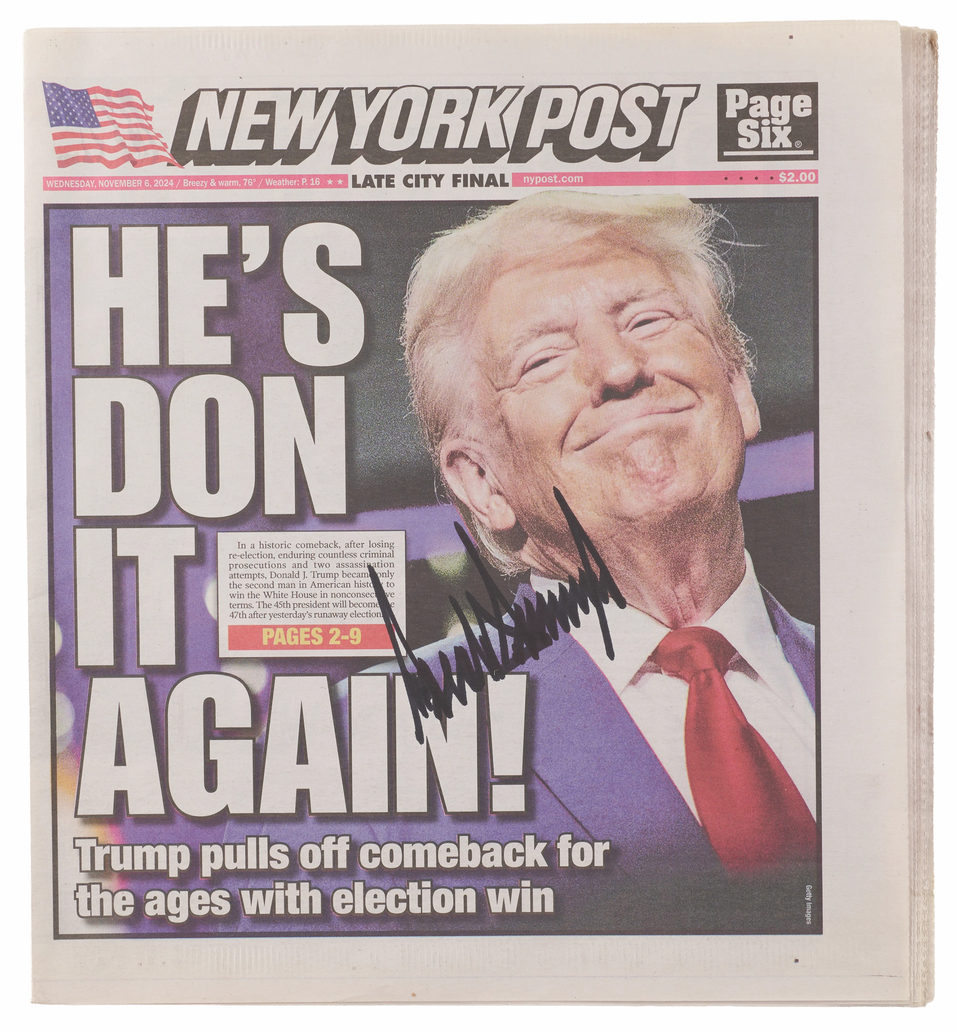 Donald Trump Signed 'New York Post' Newspaper - 2024 Presidential Election