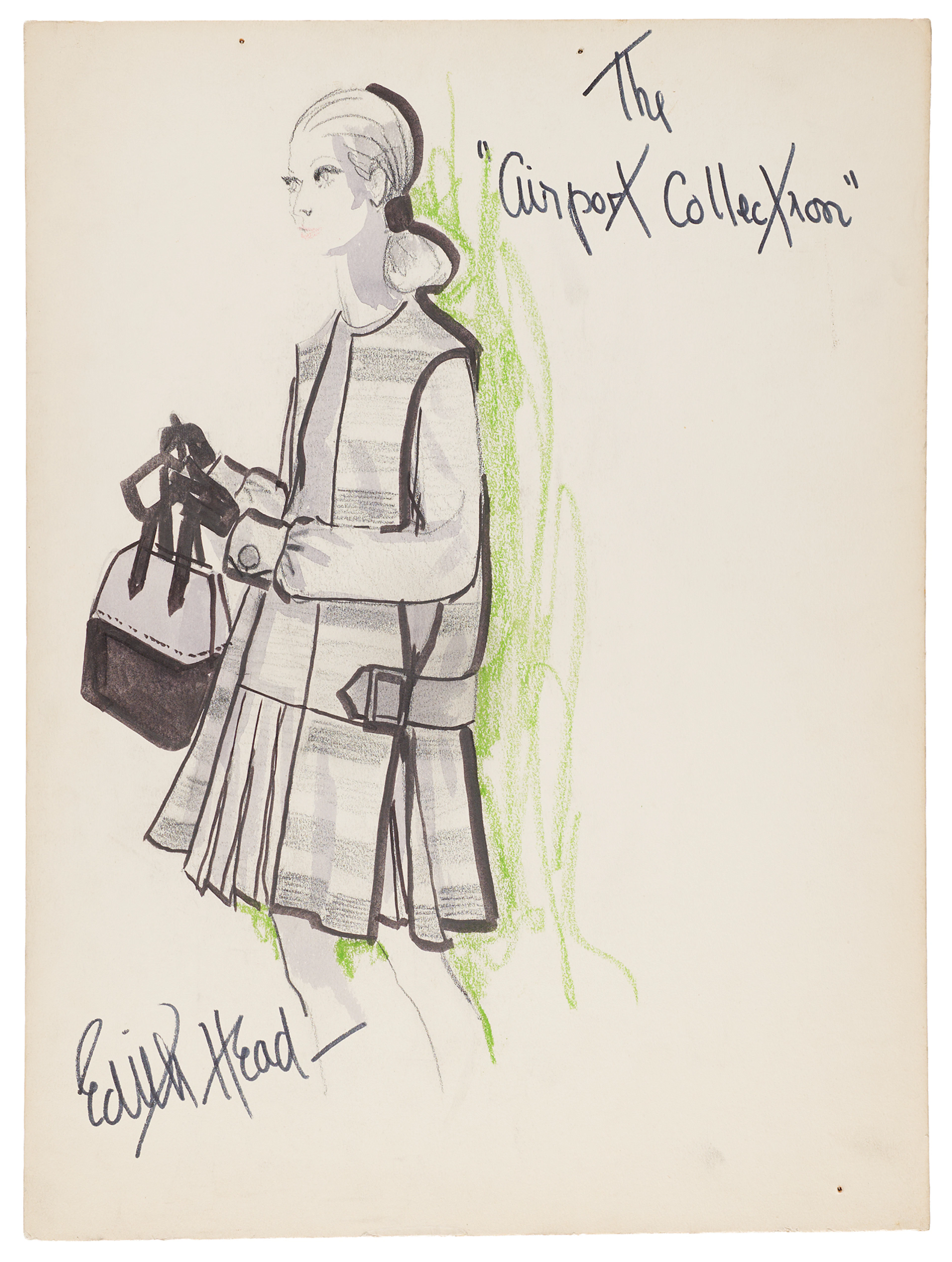 Edith Head Signed Oversized Original Fashion Sketch for "The 'Airport