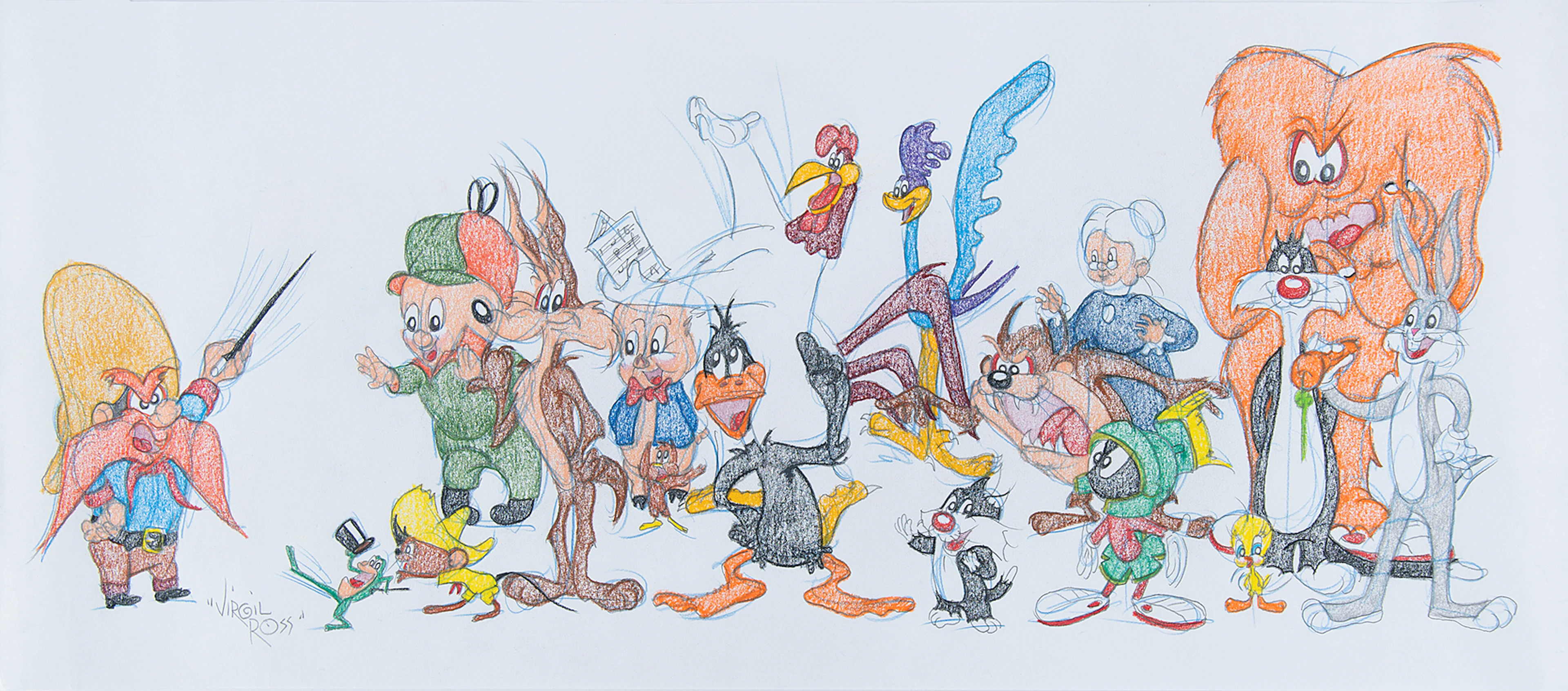 Virgil Ross Original Panorama Drawing of (18) Looney Tunes Characters