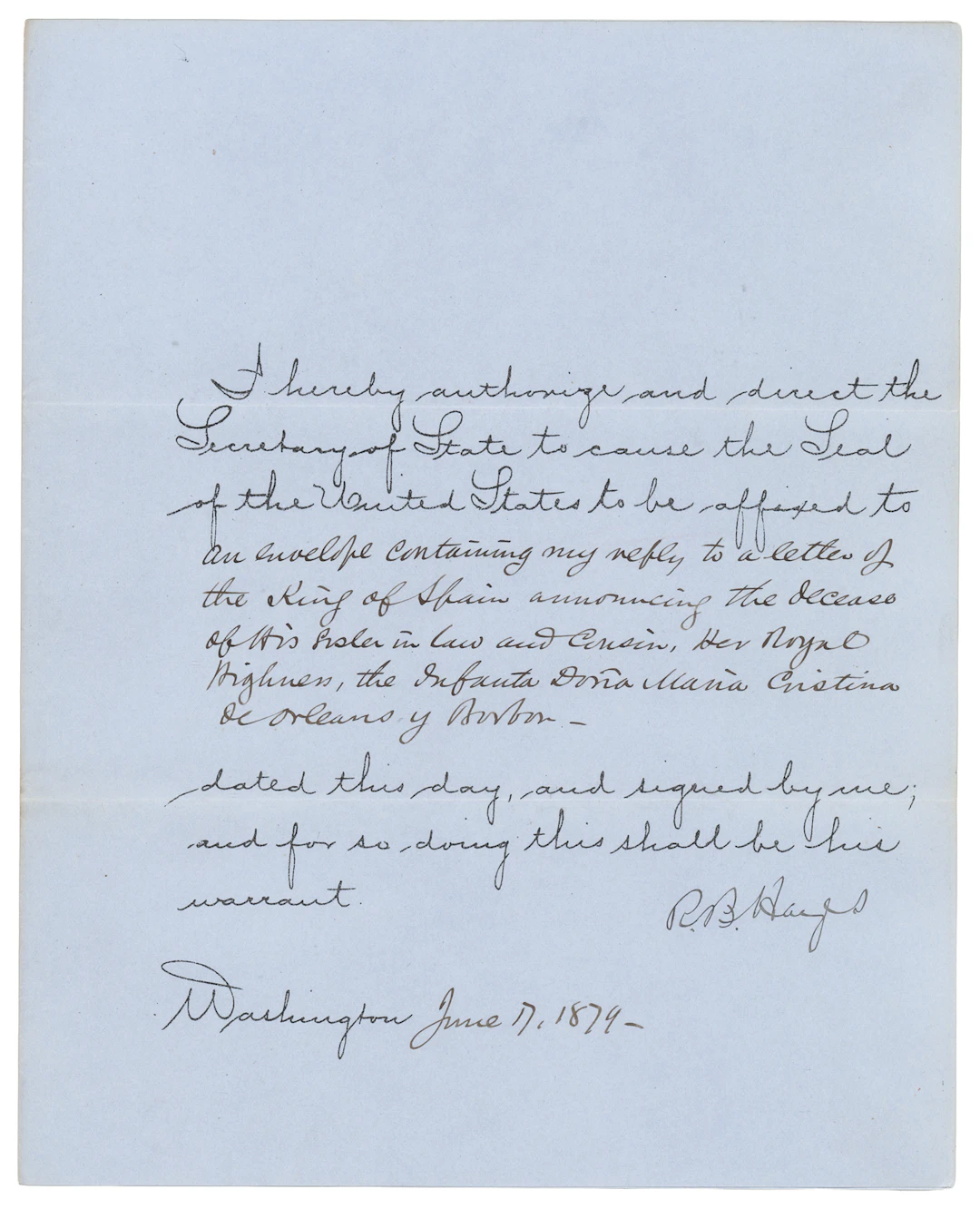 Rutherford B. Hayes Document Signed as President, Sending a Letter