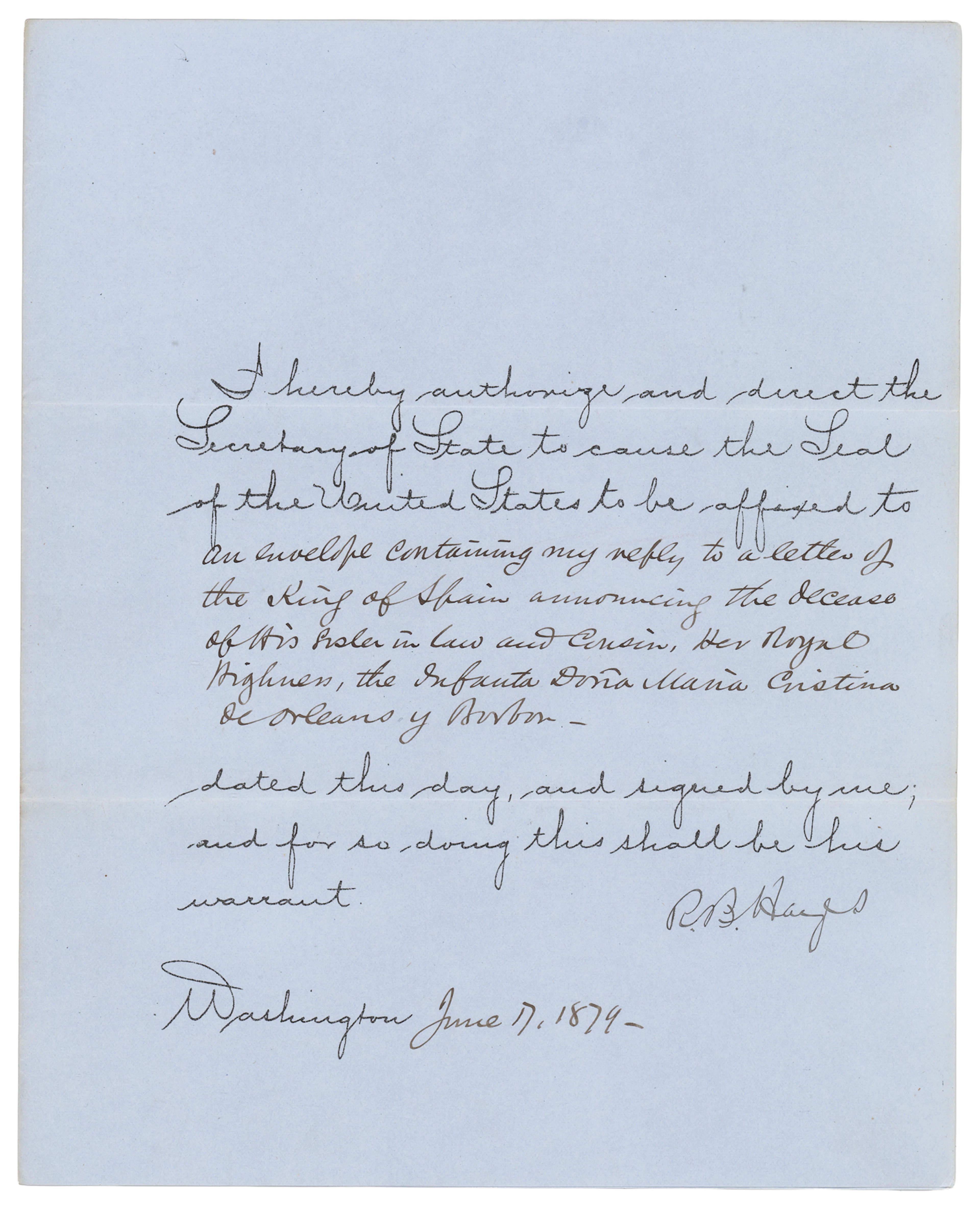 Rutherford B. Hayes Document Signed as President, Sending a Letter