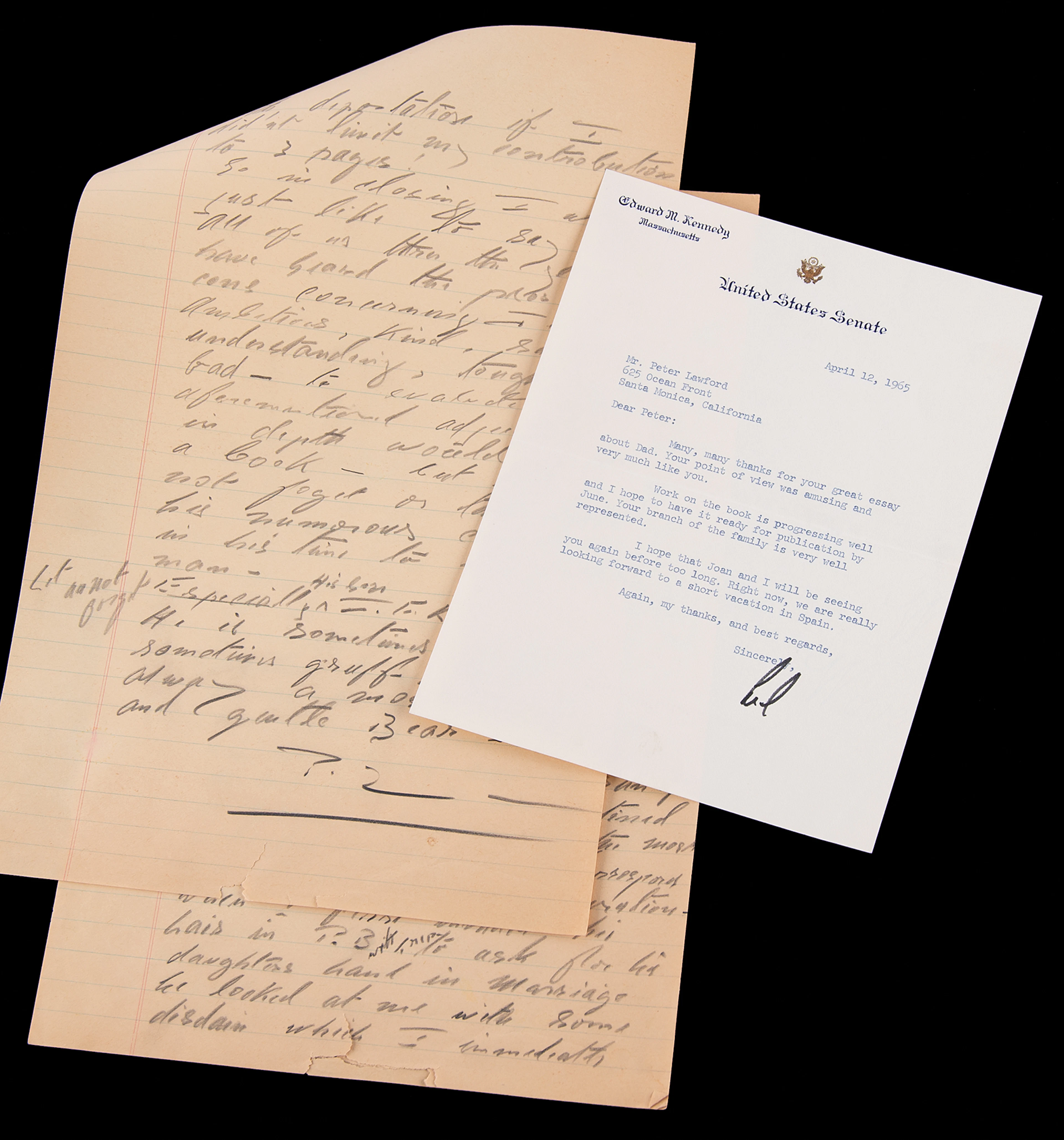 Kennedy Family: Peter Lawford Autograph Manuscript Signed on Joseph