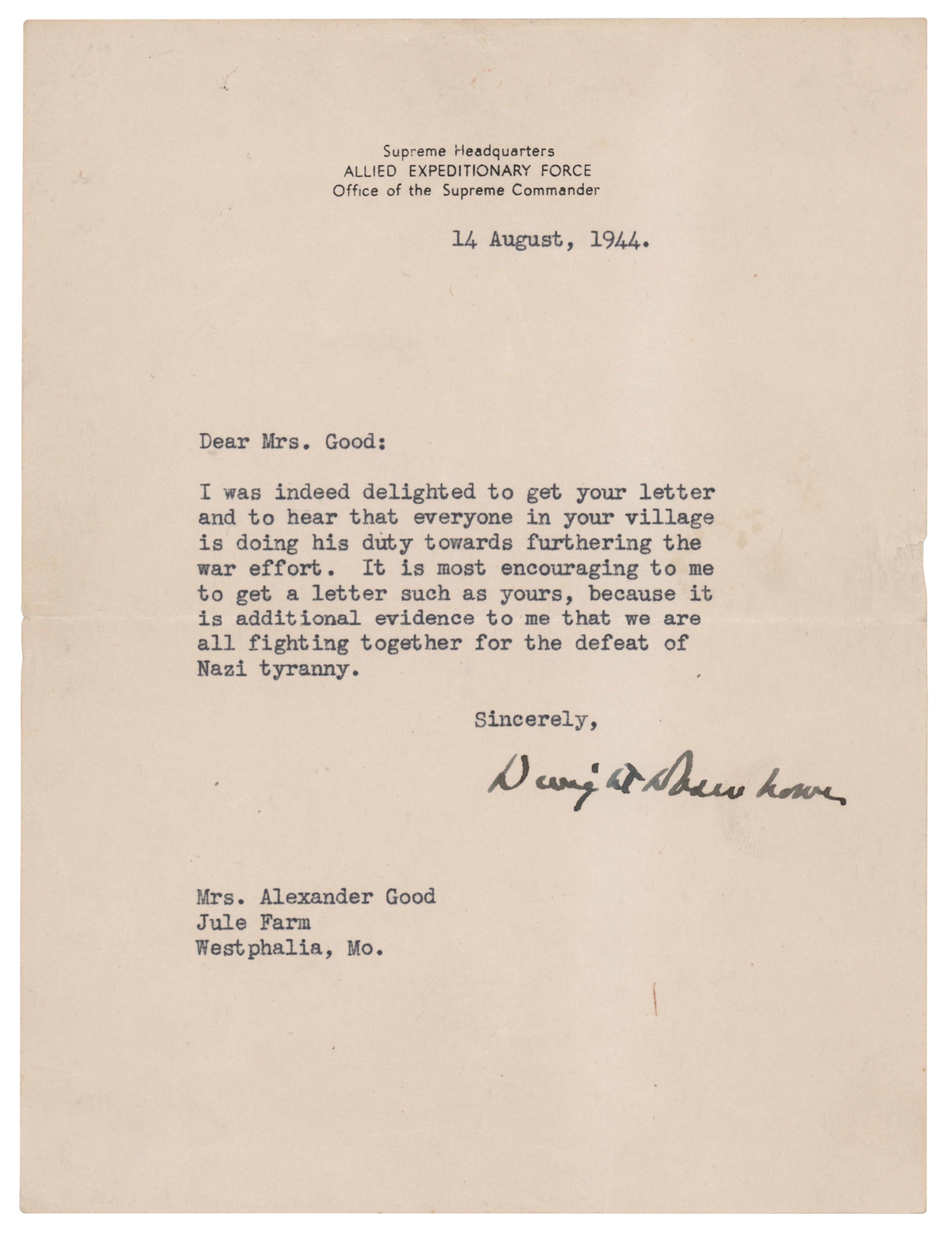 Dwight D. Eisenhower World War II–Dated Typed Letter Signed: "We are