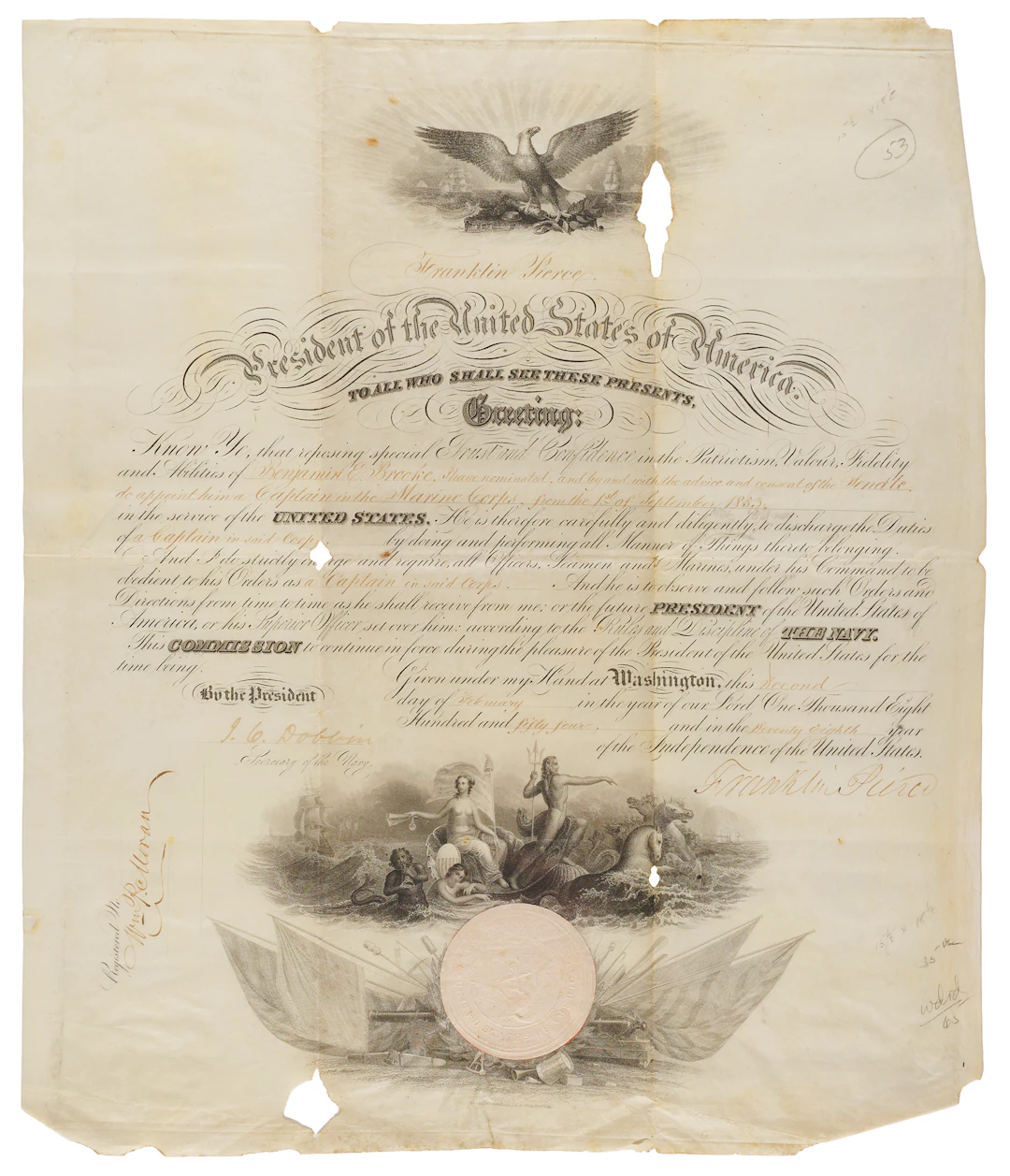 Franklin Pierce Document Signed as President, Appointing a Captain