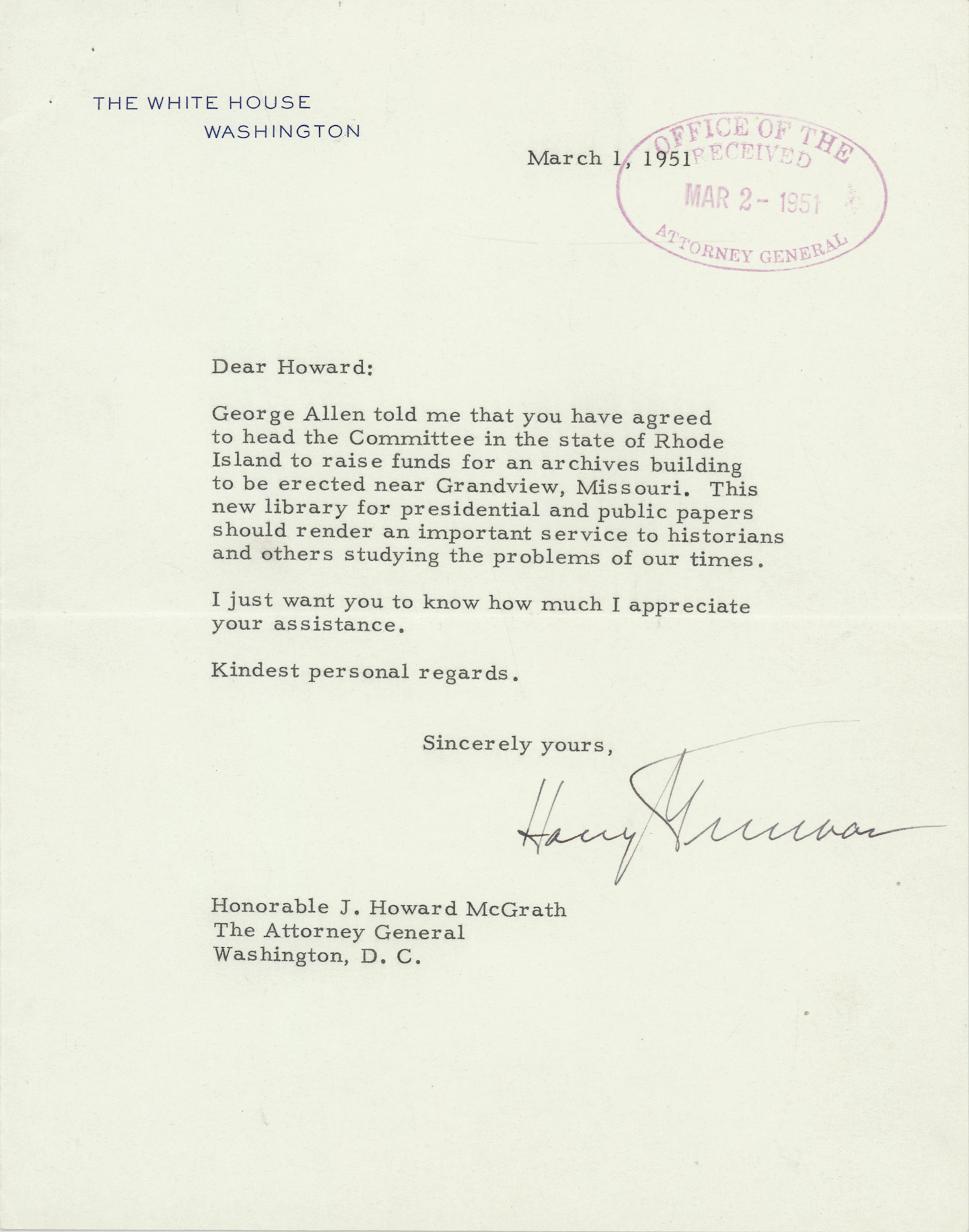 Harry S. Truman Typed Letter Signed as President to Attorney General
