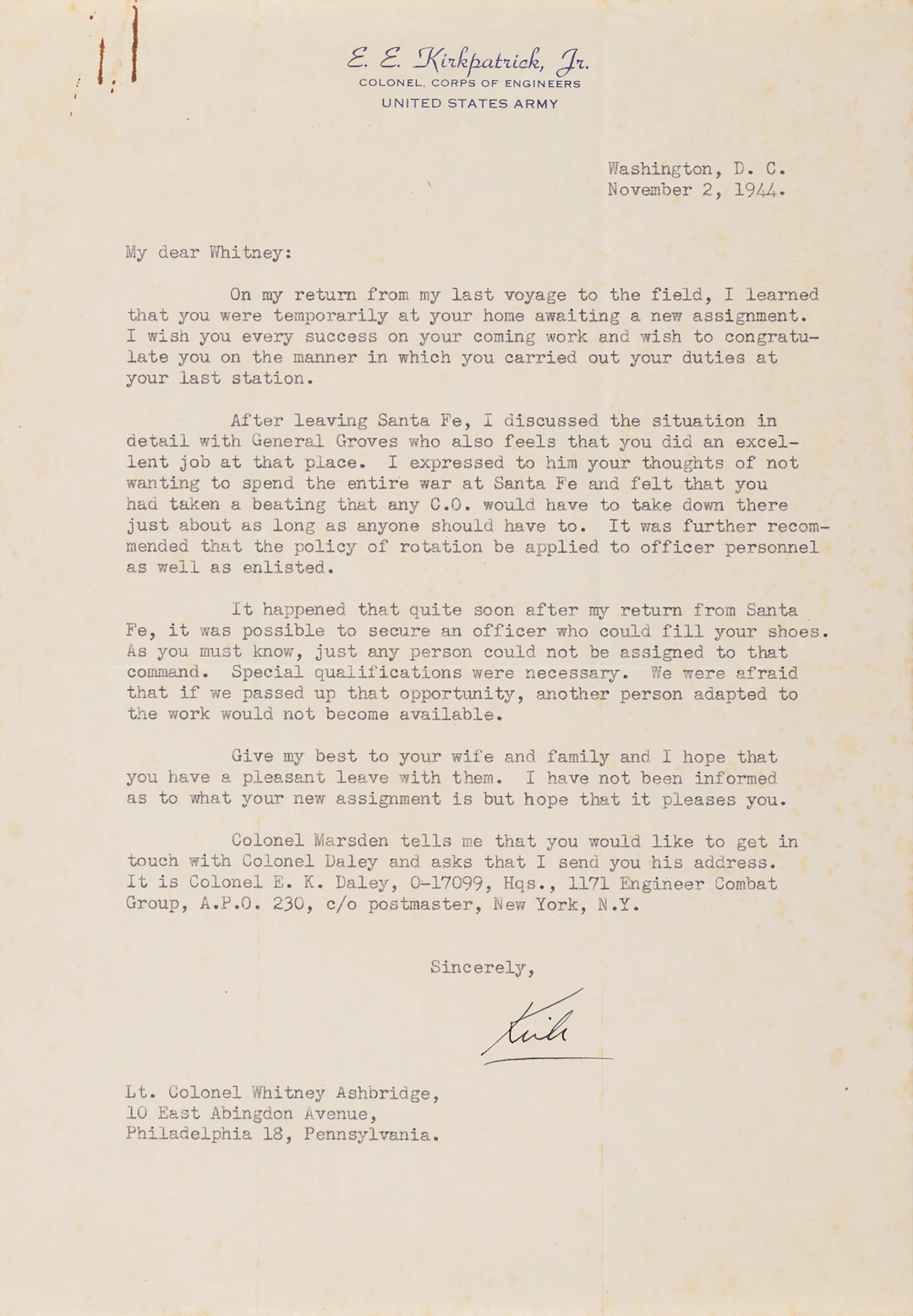 Elmer E. Kirkpatrick War-Dated Typed Letter Signed as Special Assistant