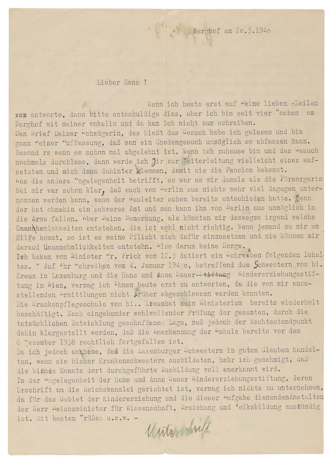 Angela Hitler Typed Letter Signed from the Berghof, Interceding with