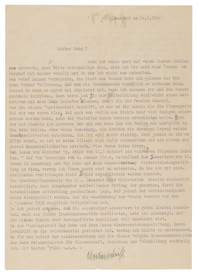 Angela Hitler Typed Letter Signed from the Berghof, Interceding with