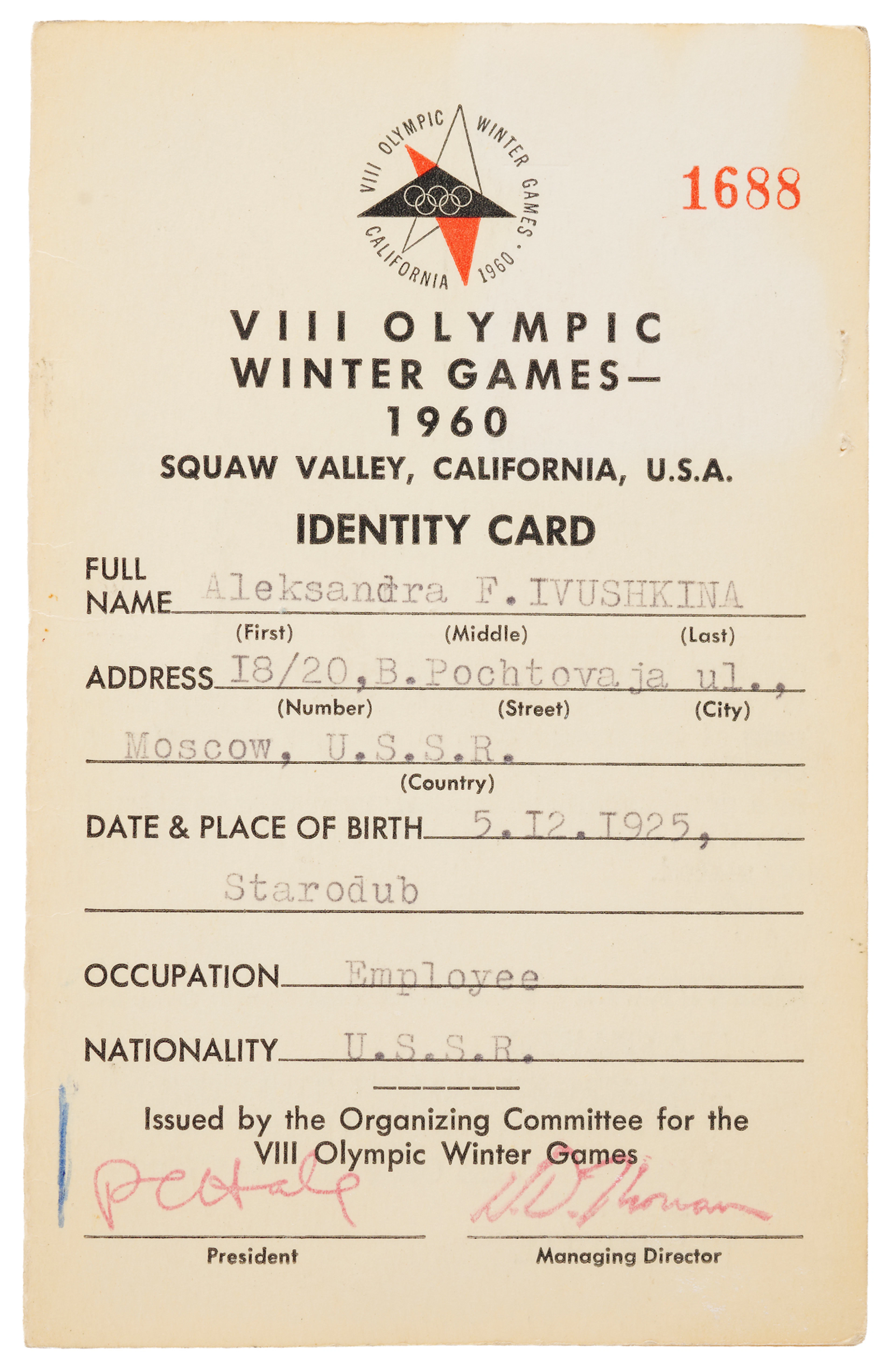 Squaw Valley 1960 Winter Olympics Identity Card