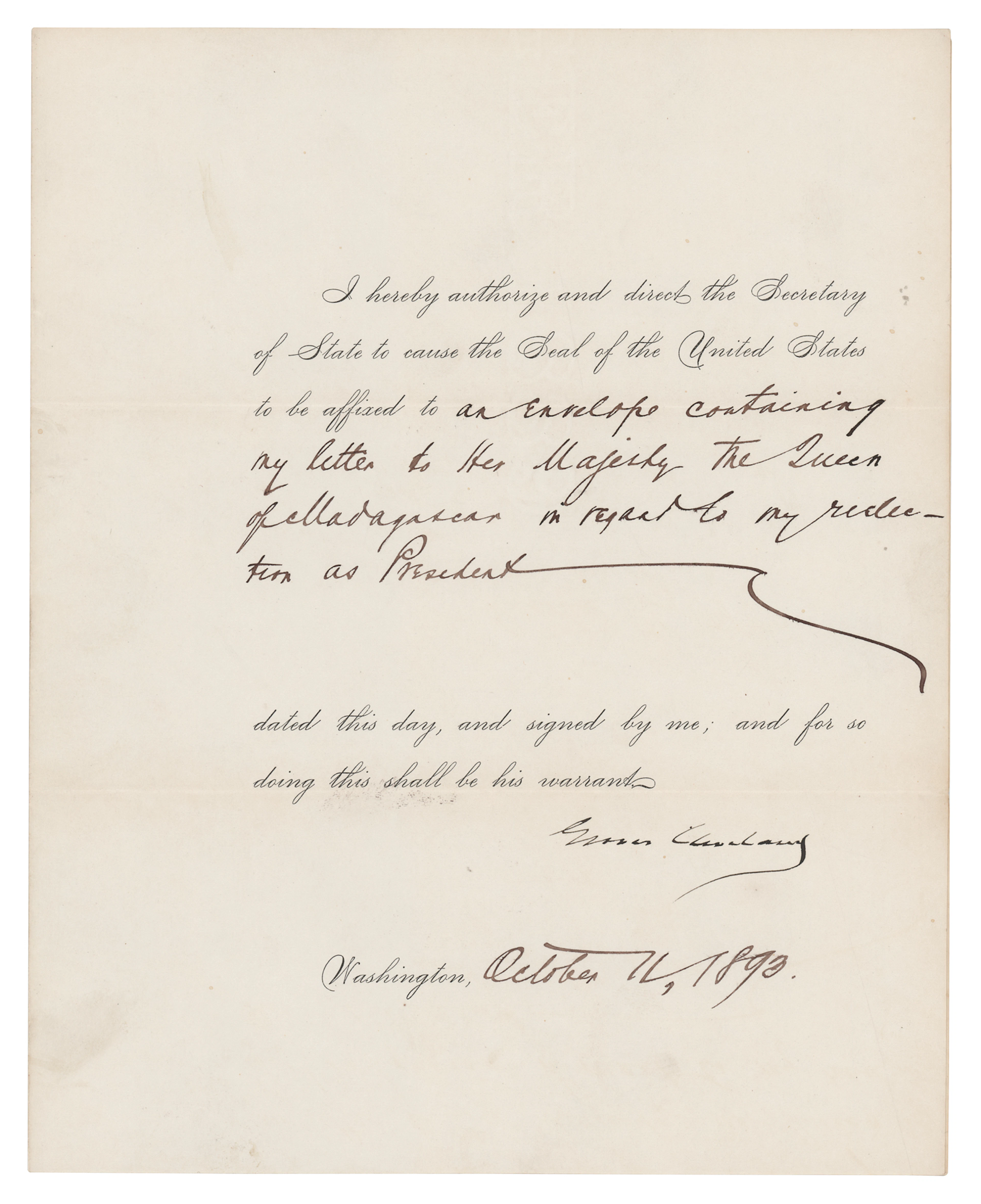 Grover Cleveland Document Signed as President, Sending a Letter to