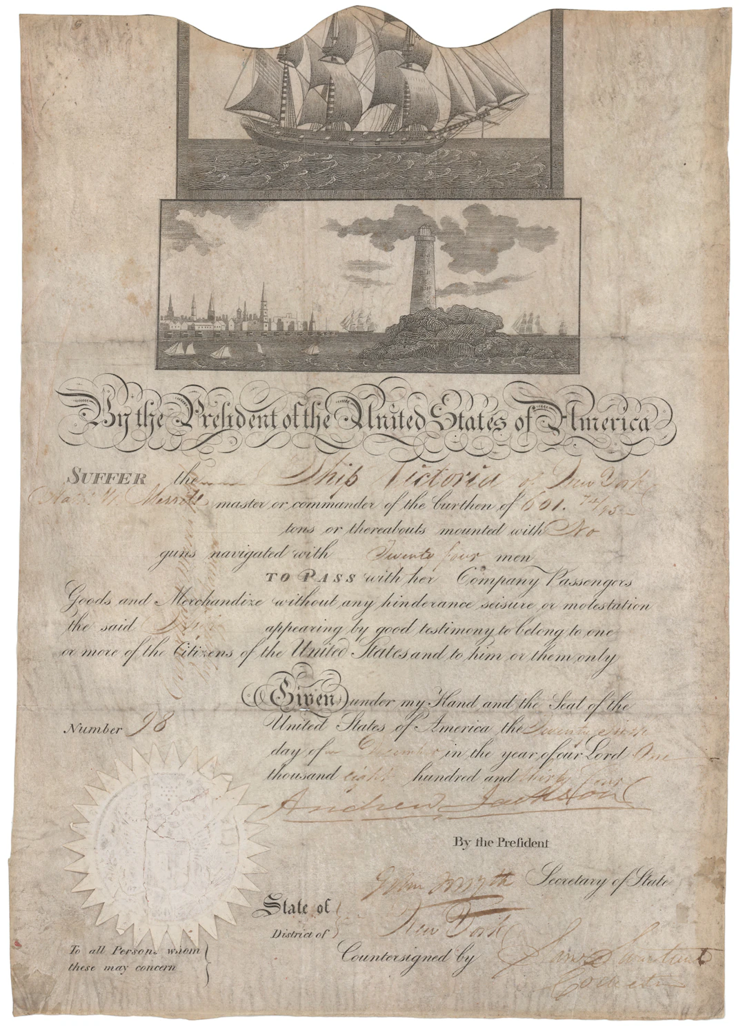 Andrew Jackson Document Signed as President - Scalloped-Top Passport