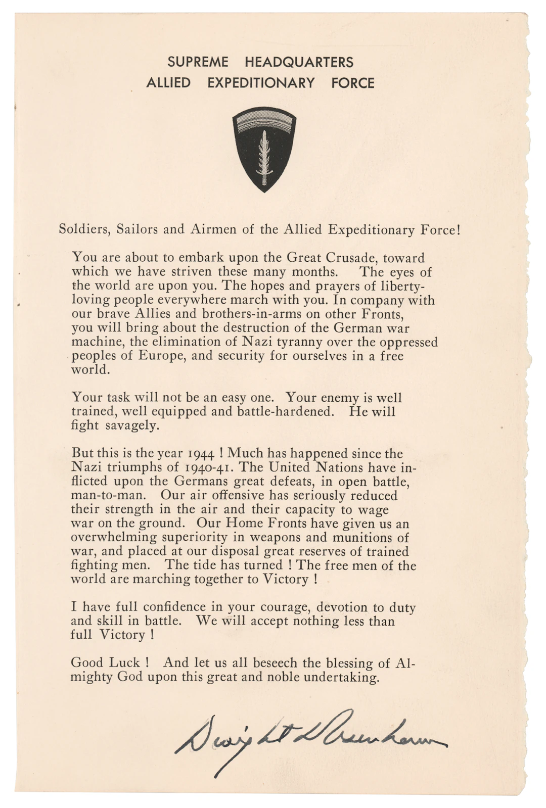 Dwight D. Eisenhower Signed 'D-Day' Order from 'Crusade in Europe'