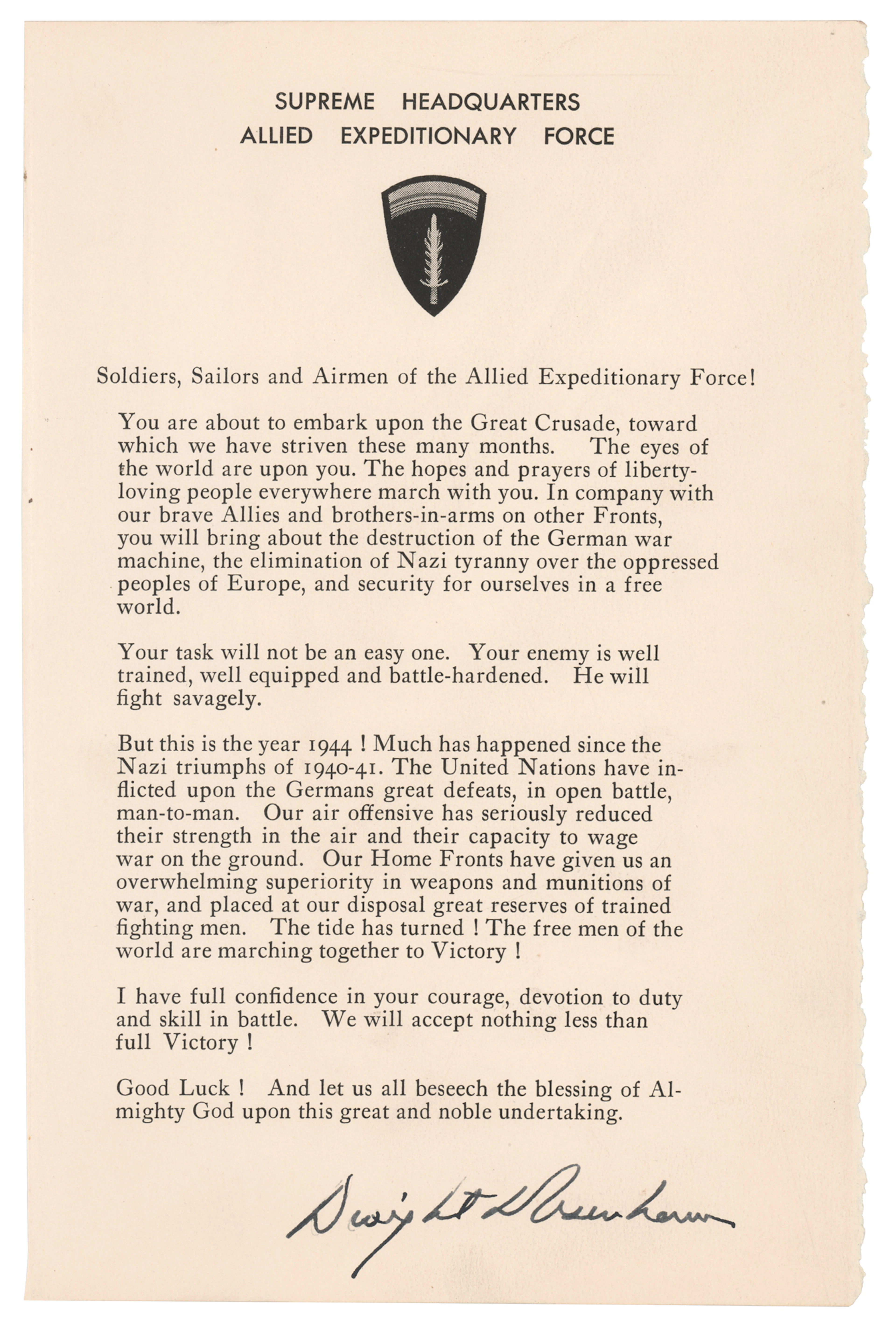 Dwight D. Eisenhower Signed 'D-Day' Order from 'Crusade in Europe'
