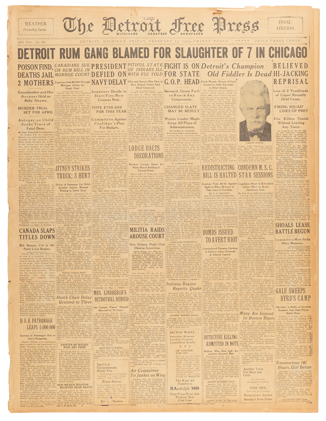 Saint Valentine's Day Massacre: The Detroit Free Press Newspaper (February