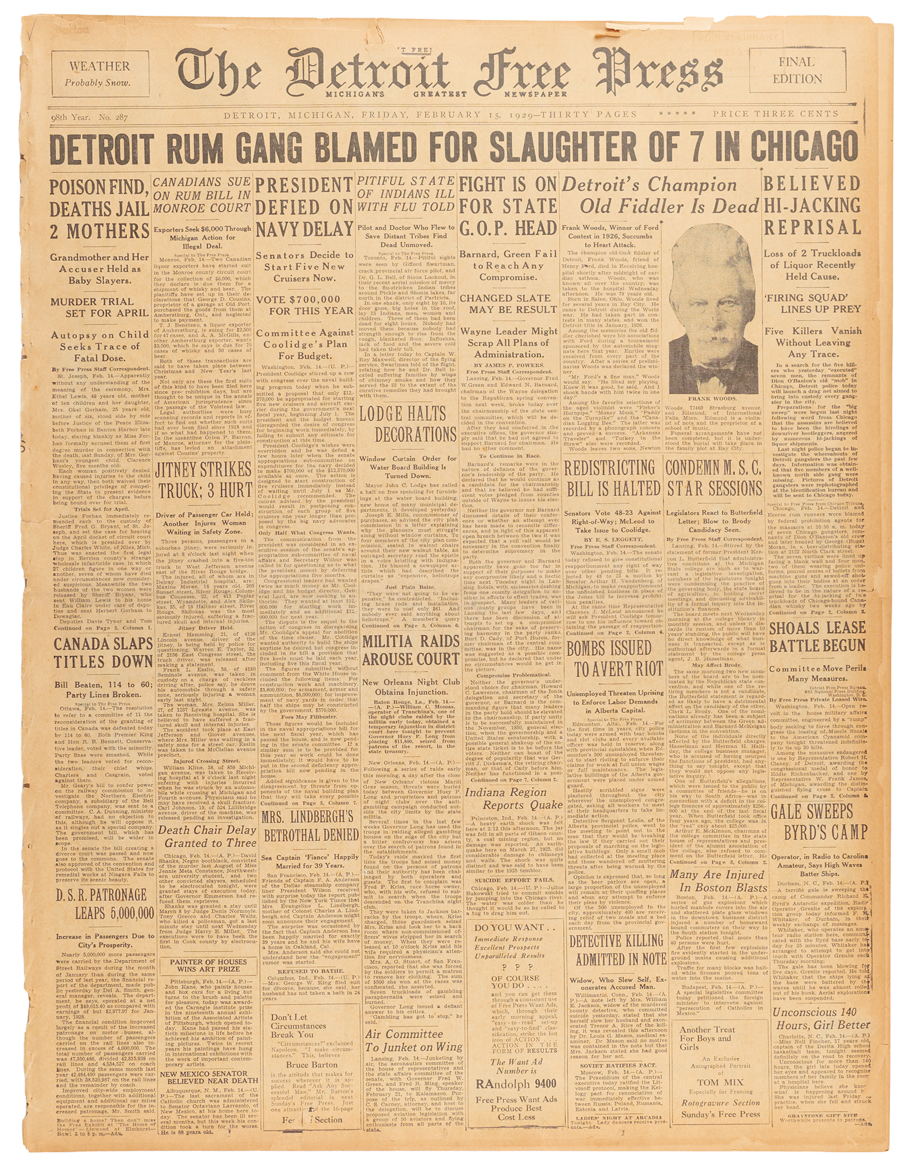 Saint Valentine's Day Massacre: The Detroit Free Press Newspaper (February