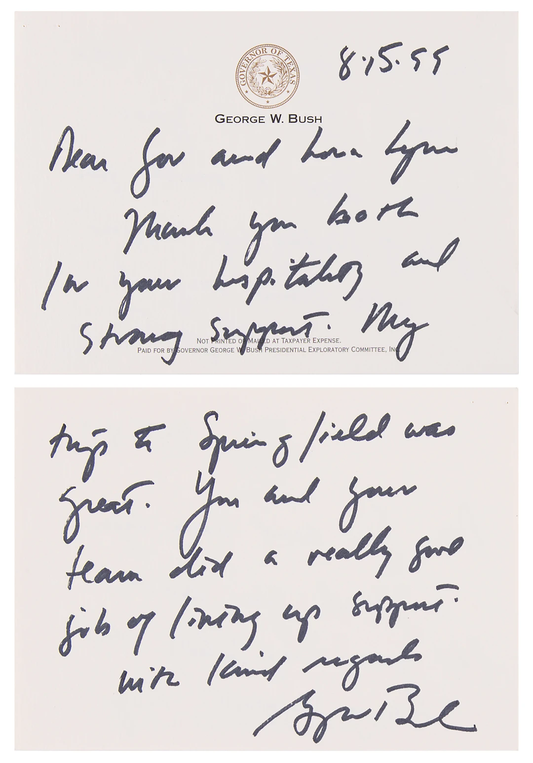 George W. Bush Autograph Letter Signed as Governor to Illinois Governor