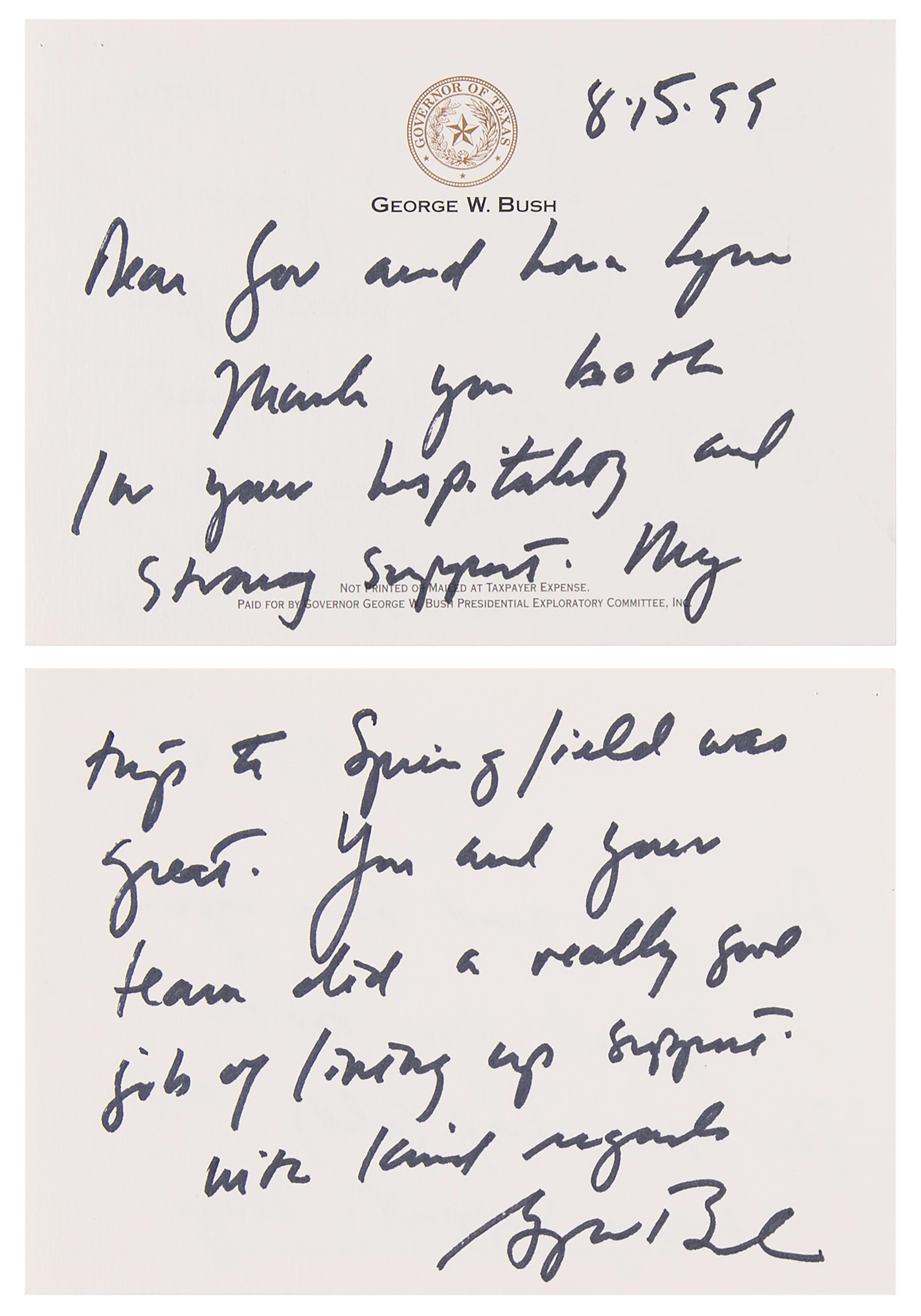 George W. Bush Autograph Letter Signed as Governor to Illinois Governor